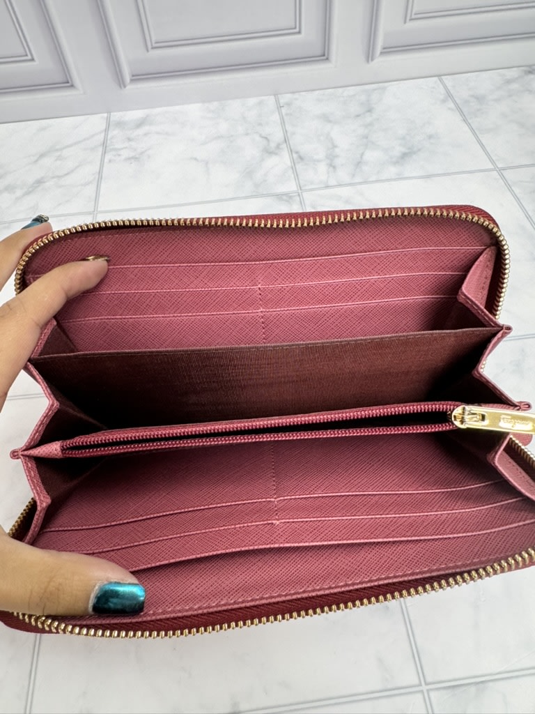 Salvatore Ferragamo Dusty Red Saffiano Leather Long Zippy Wallet