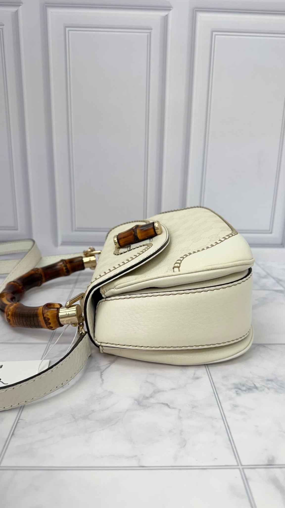 Gucci Cream Leather GG Canvas Bamboo 1947 Medium 2Way Bag