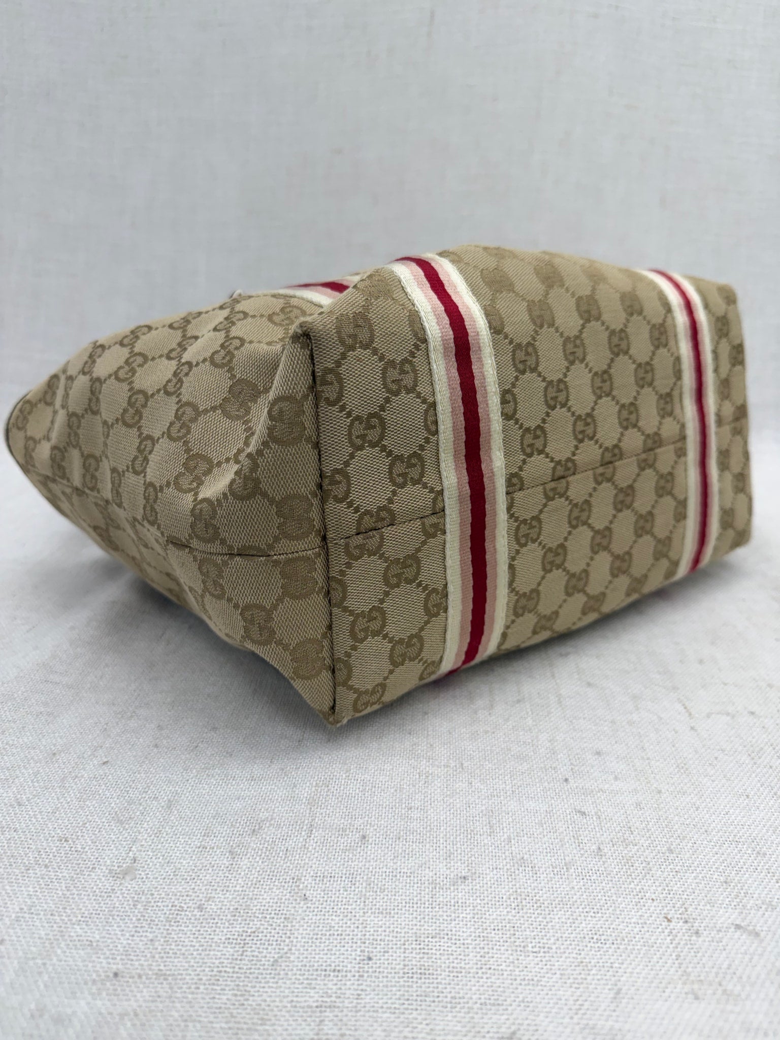 Gucci Beige GG Canvas & Pink Web Straps Shoulder Tote