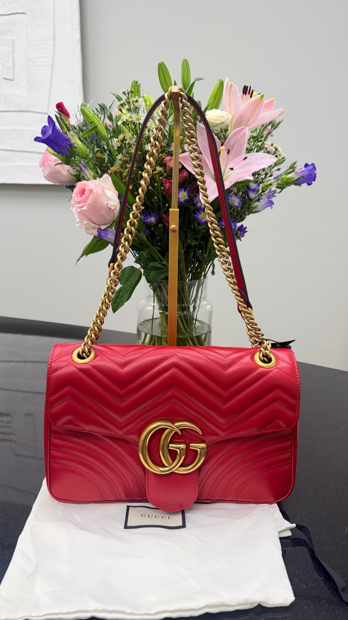 Gucci Red Leather GG Marmont Medium Shoulder Bag