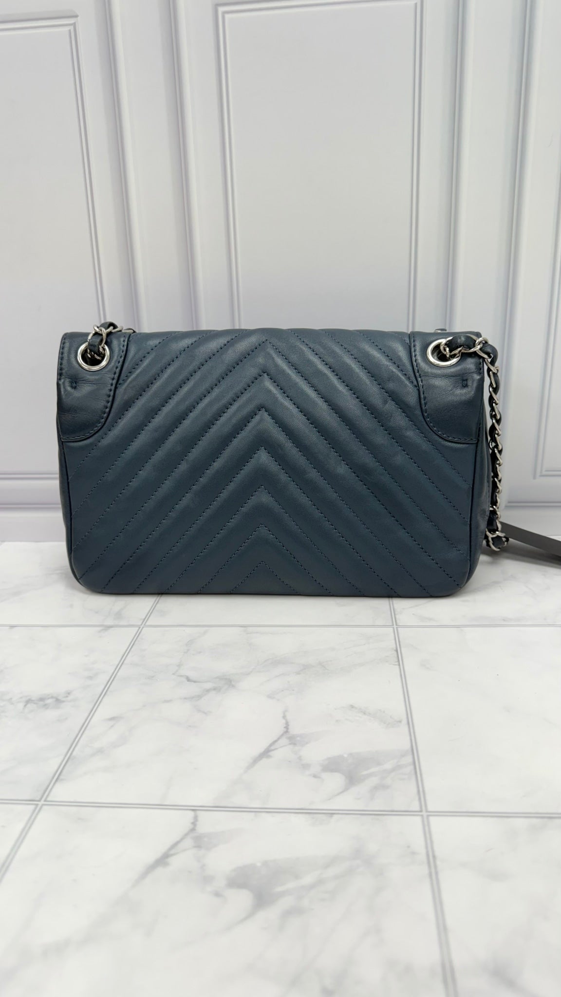 Chanel Navy Chevron Quilted Calfskin Round CC Flap Bag