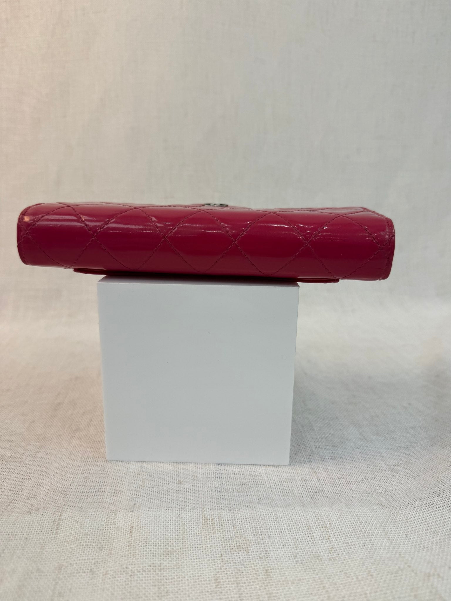 Chanel Pink Patent Leather Quilted Wave Long Wallet