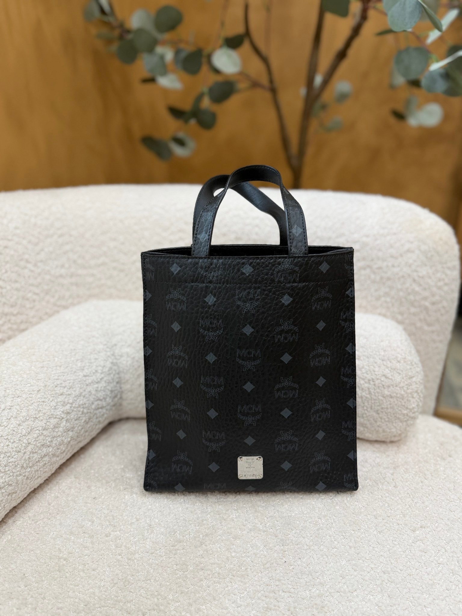 MCM Visetos Black Leather Tote Bag
