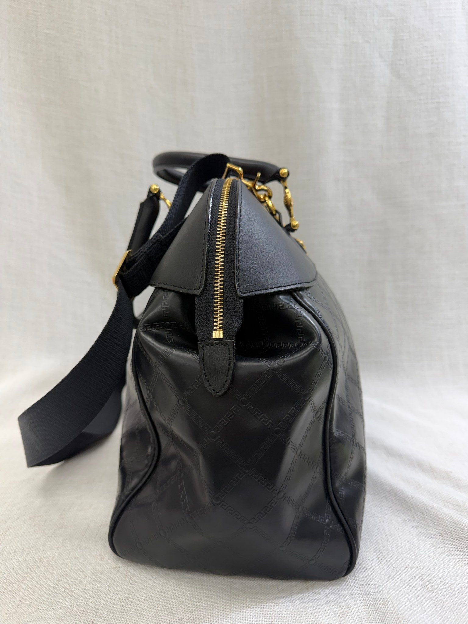 Versace Black Leather Sunburst Boston Bag