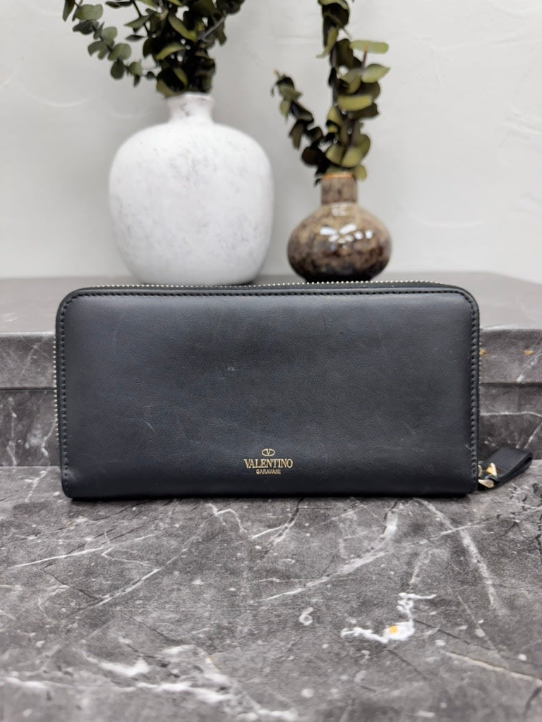 Valentino Black Leather Long Zippy Wallet