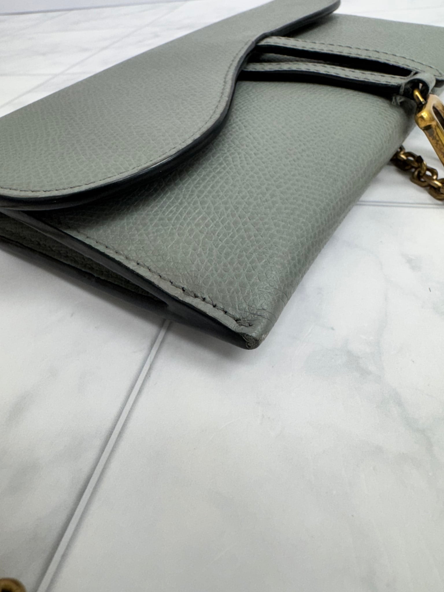 Christian Dior Grey Grained Leather Saddle Wallet On A Chain