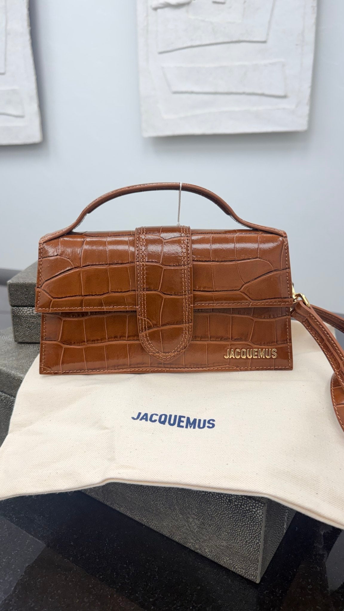 BRAND NEW - Jacquemus Brown Croc Embossed Leather Le Grand Bambino 2Way Handbag
