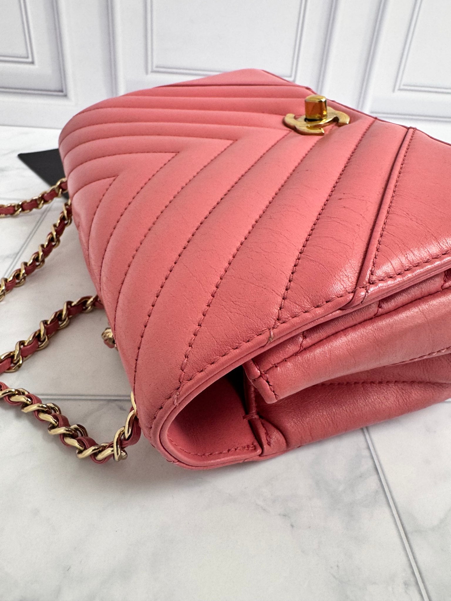 Chanel Pink Chevron Quilted Leather Chain Flap Bag