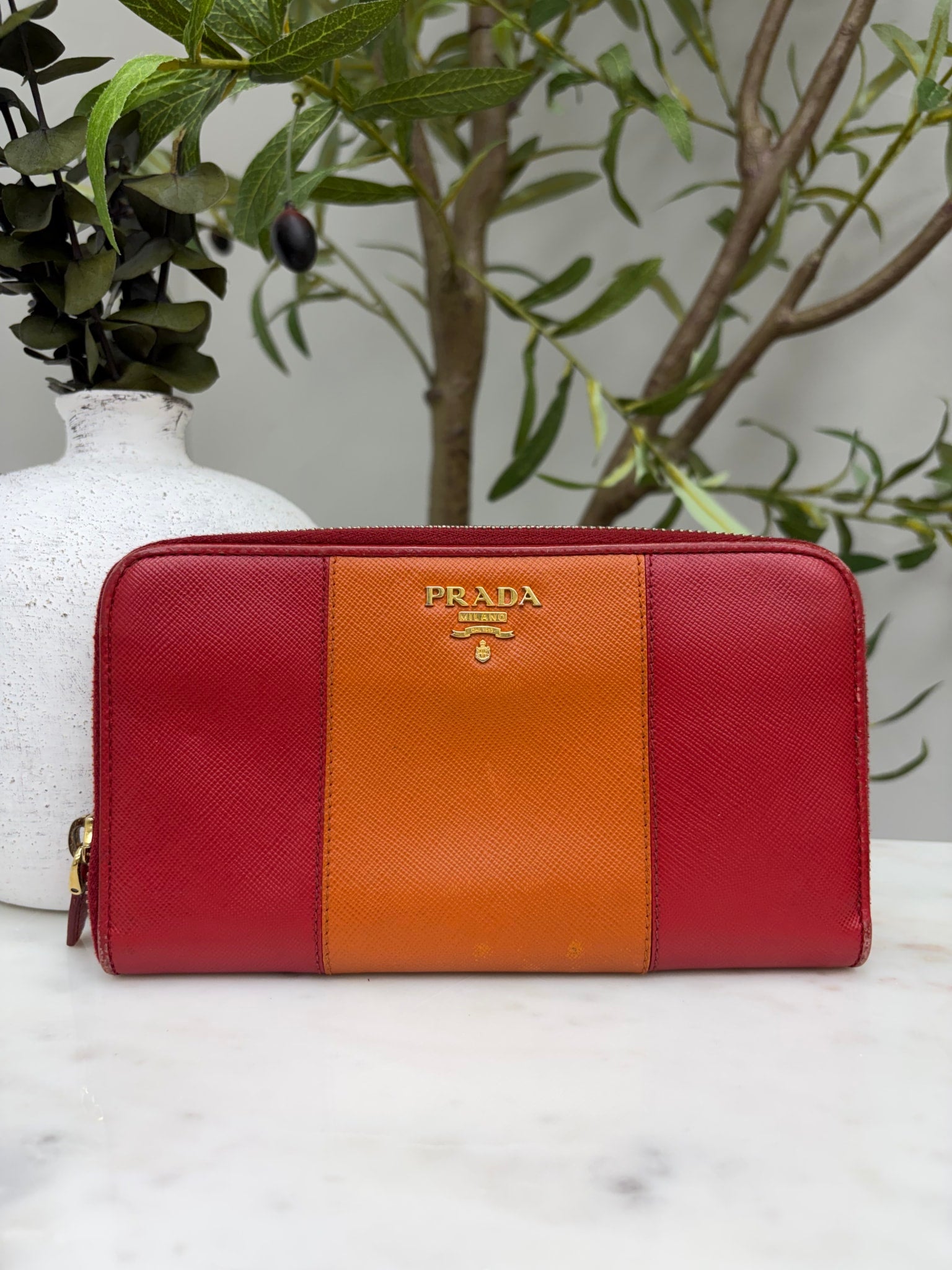 Prada Orange & Red Saffiano Zippy Wallet
