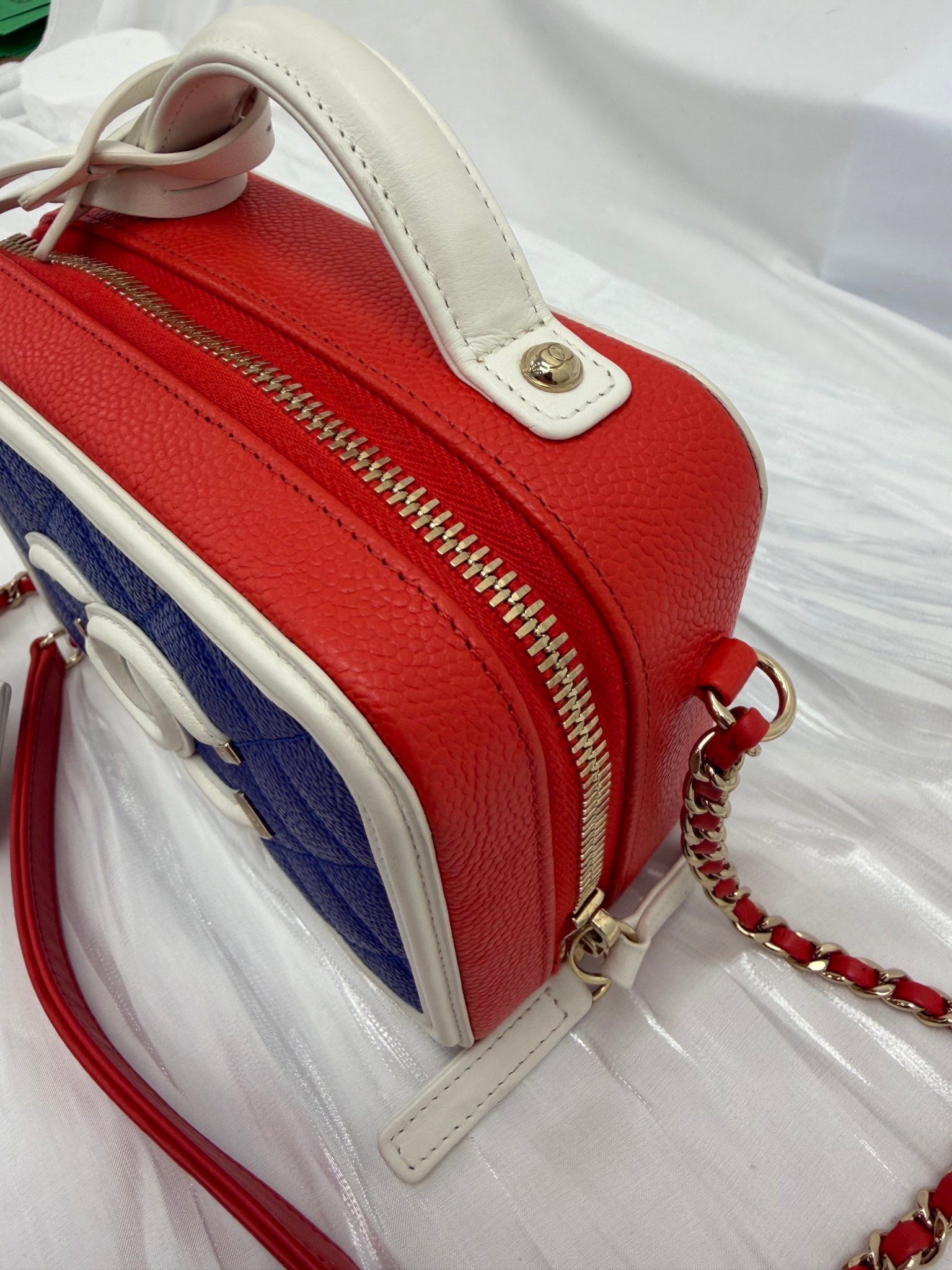 Chanel Red, White Blue Caviar Small Filigree Vanity Case Bag