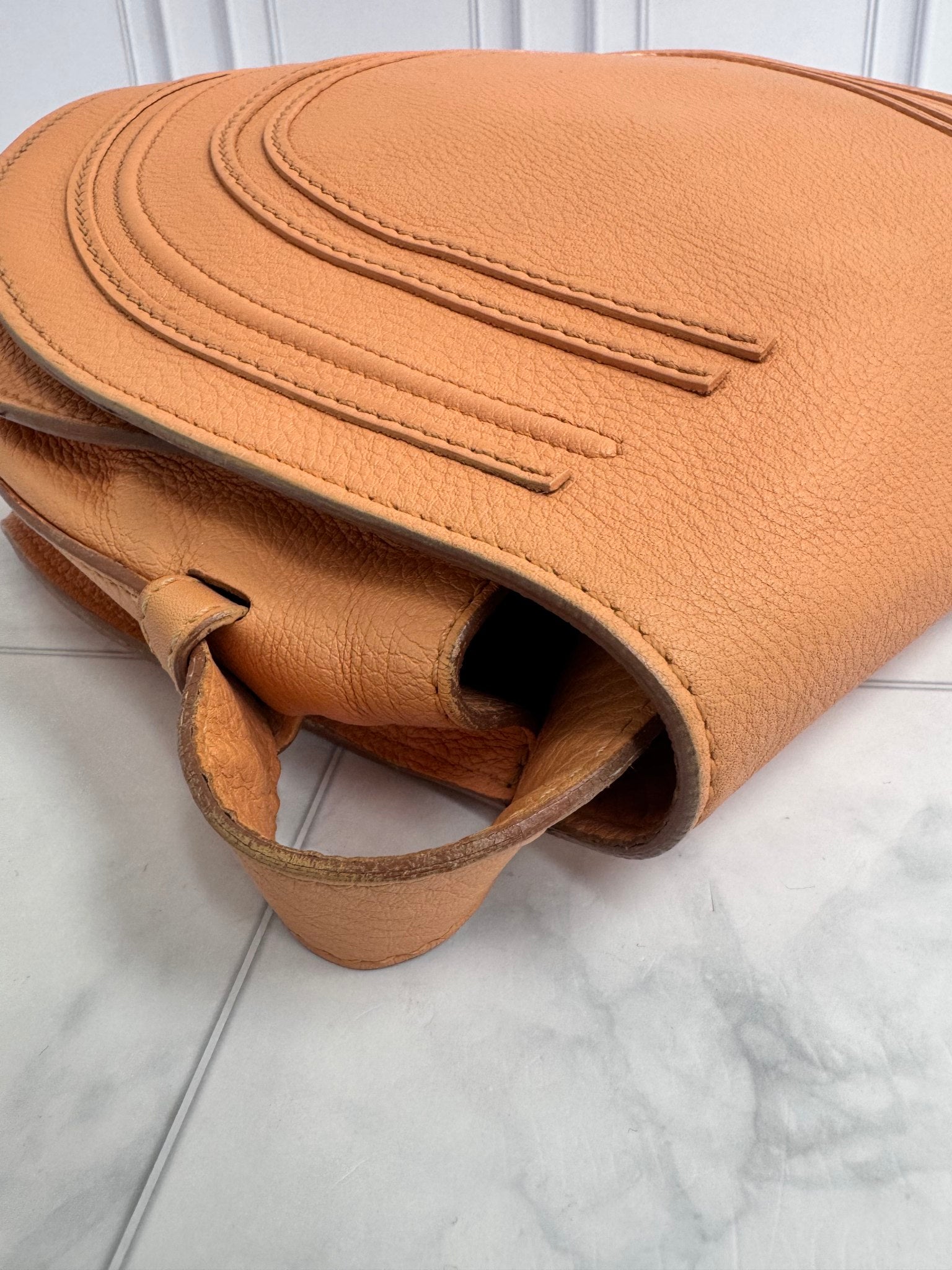 Chloe Peach Grained Leather Marcie Medium Crossbody Saddle Bag