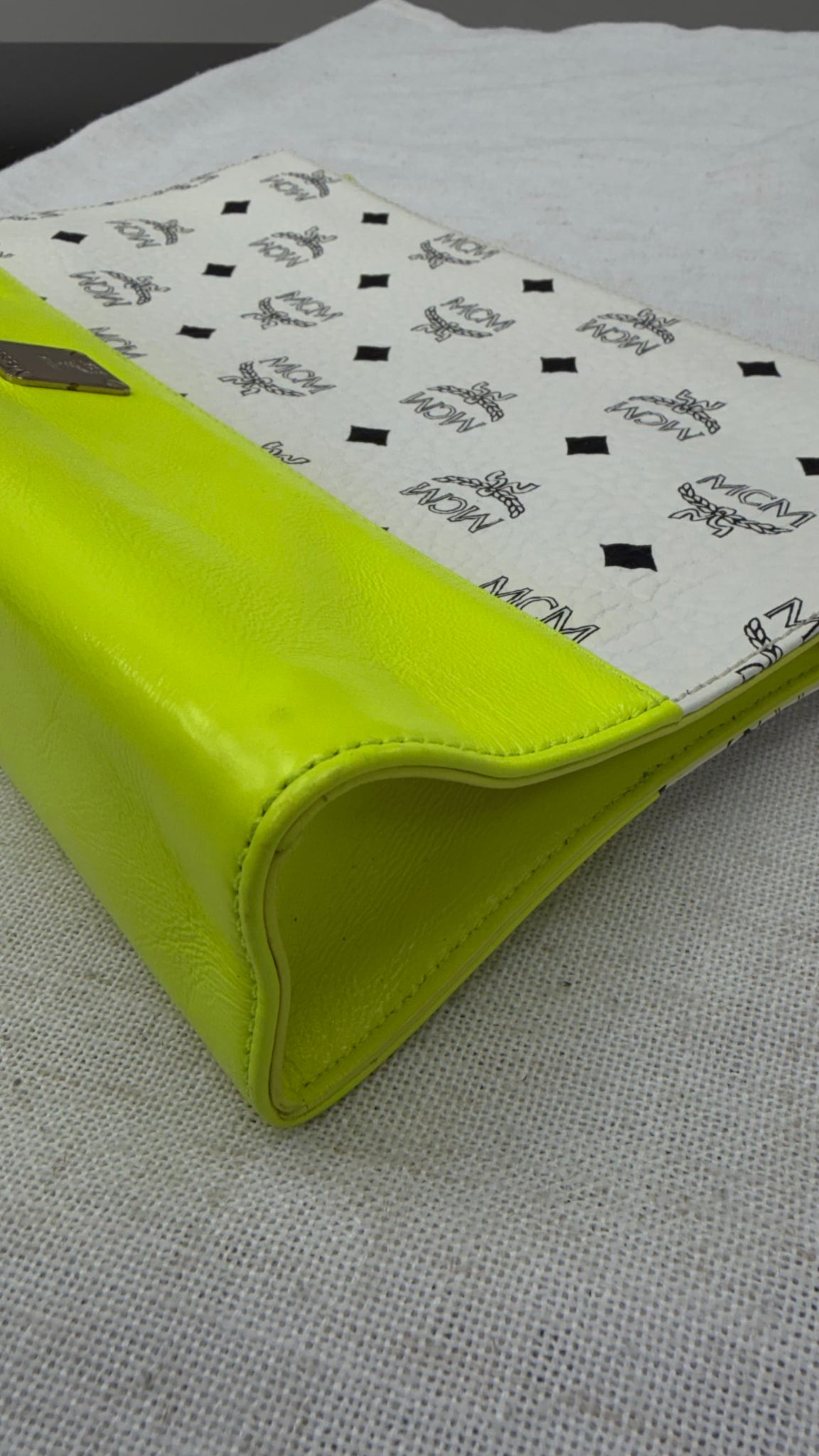 MCM White Visetos Coated Canvas & Neon Green Leather Clutch