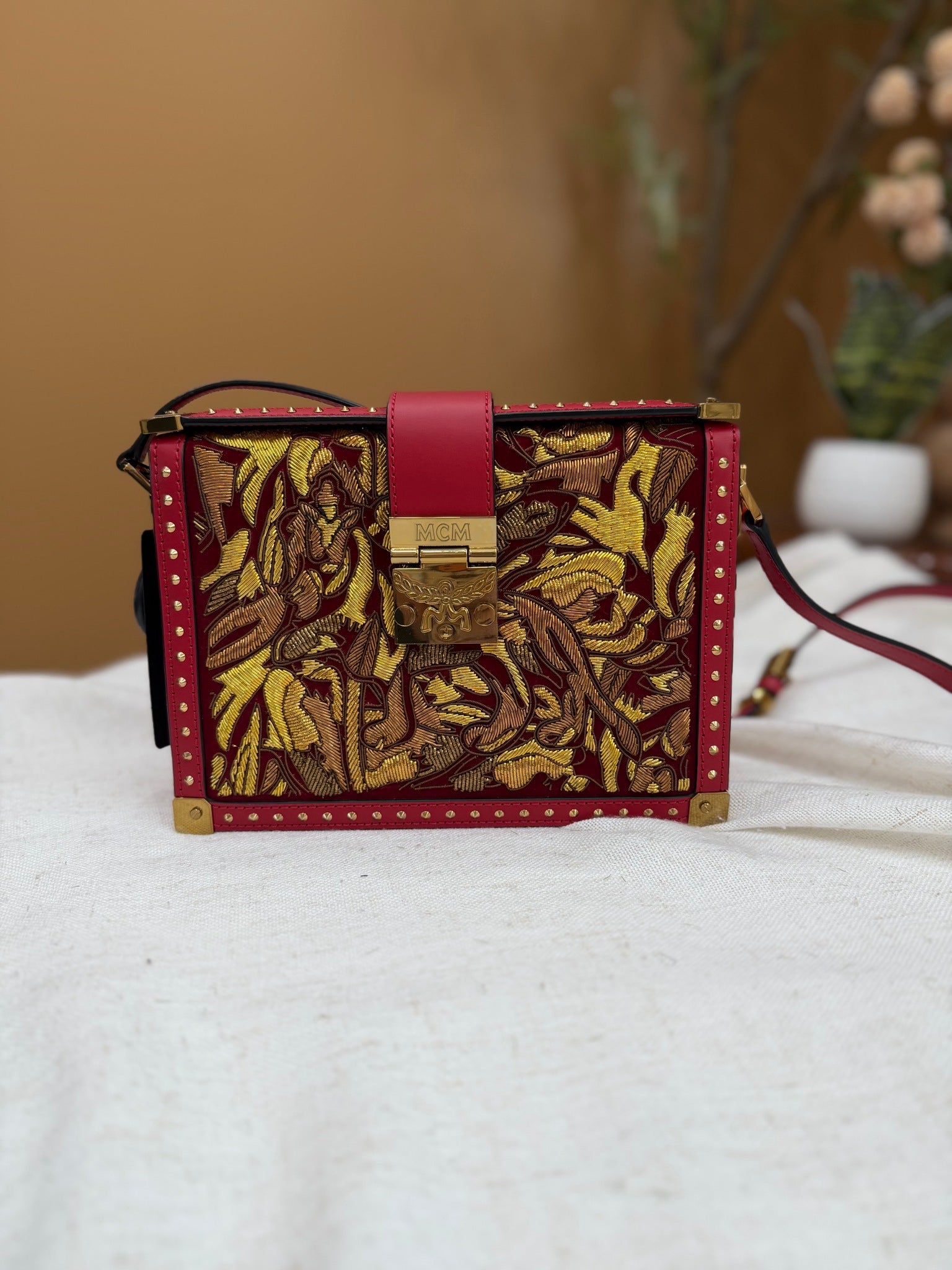 MCM Red Leather Mitte Mini Brocade Crossbody Bag