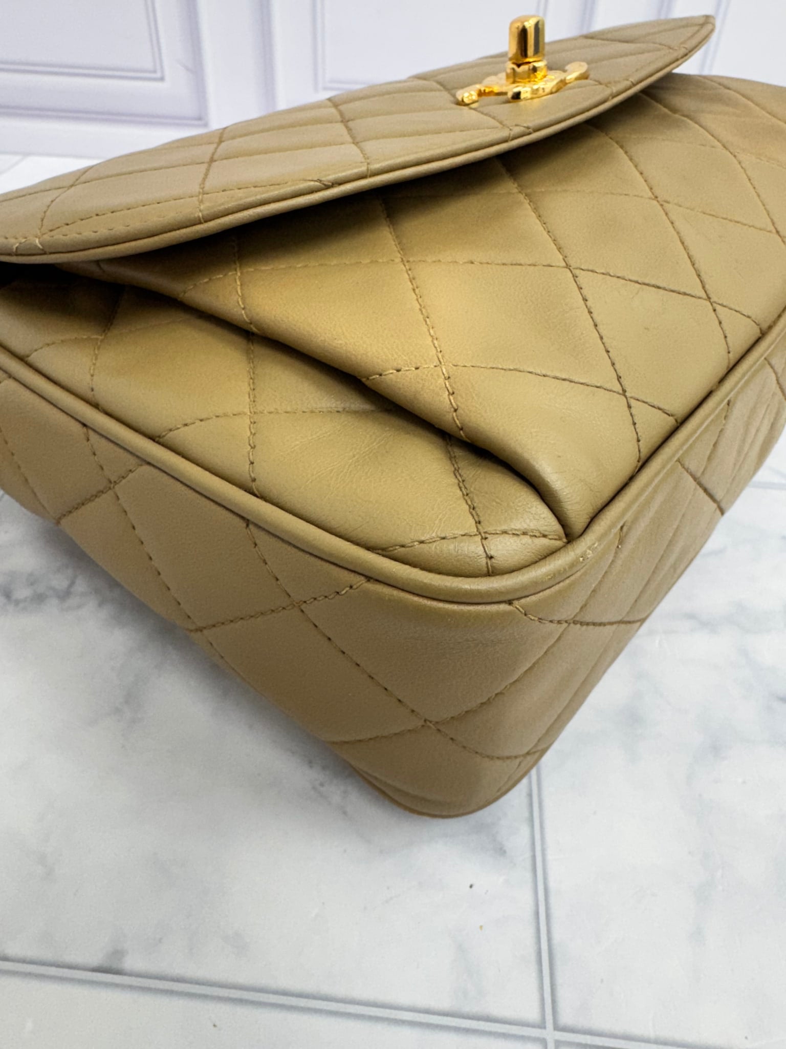 Chanel Khaki Quilted Lambskin Medium Flap Camera Bag