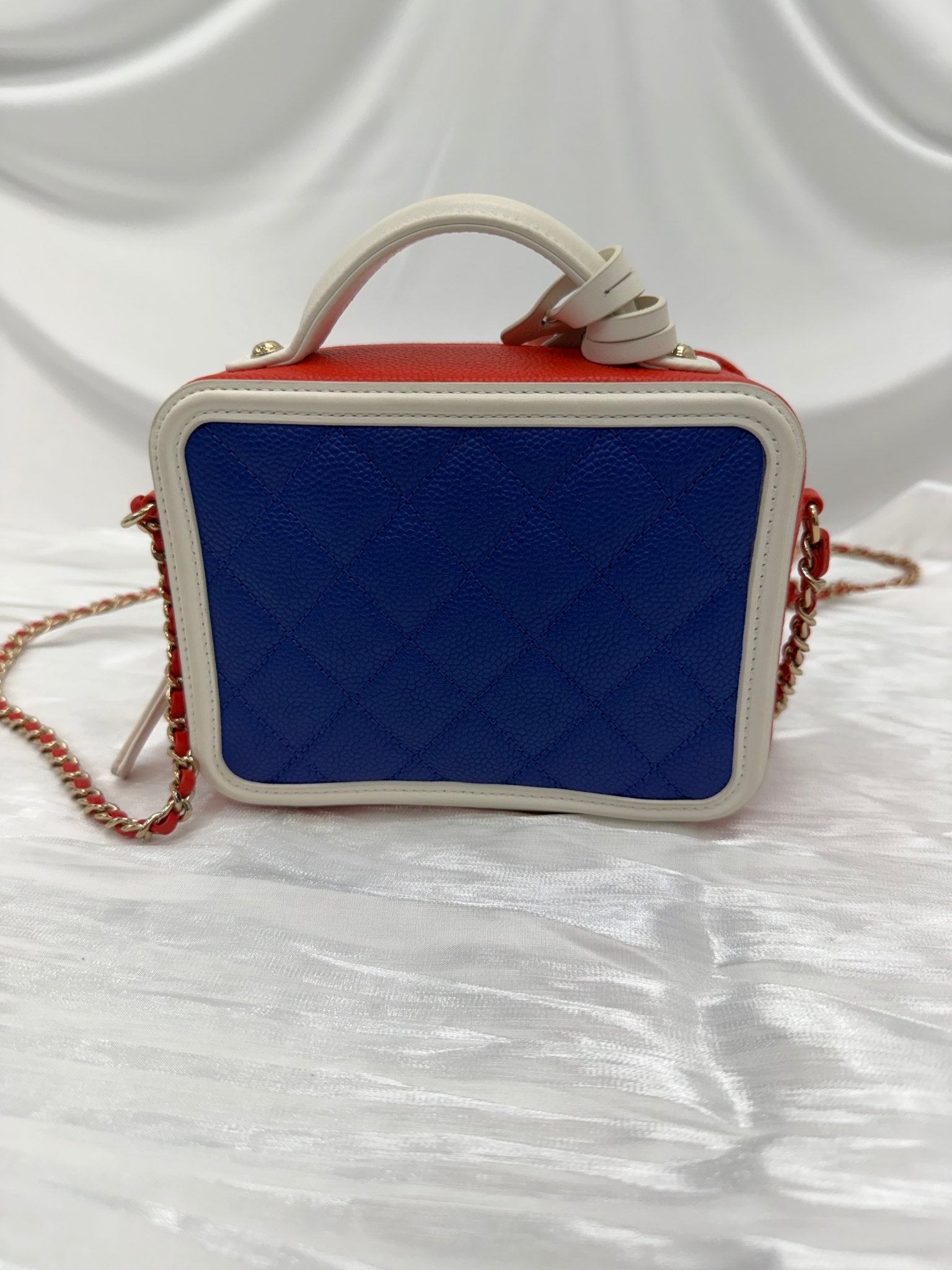 Chanel Red, White Blue Caviar Small Filigree Vanity Case Bag