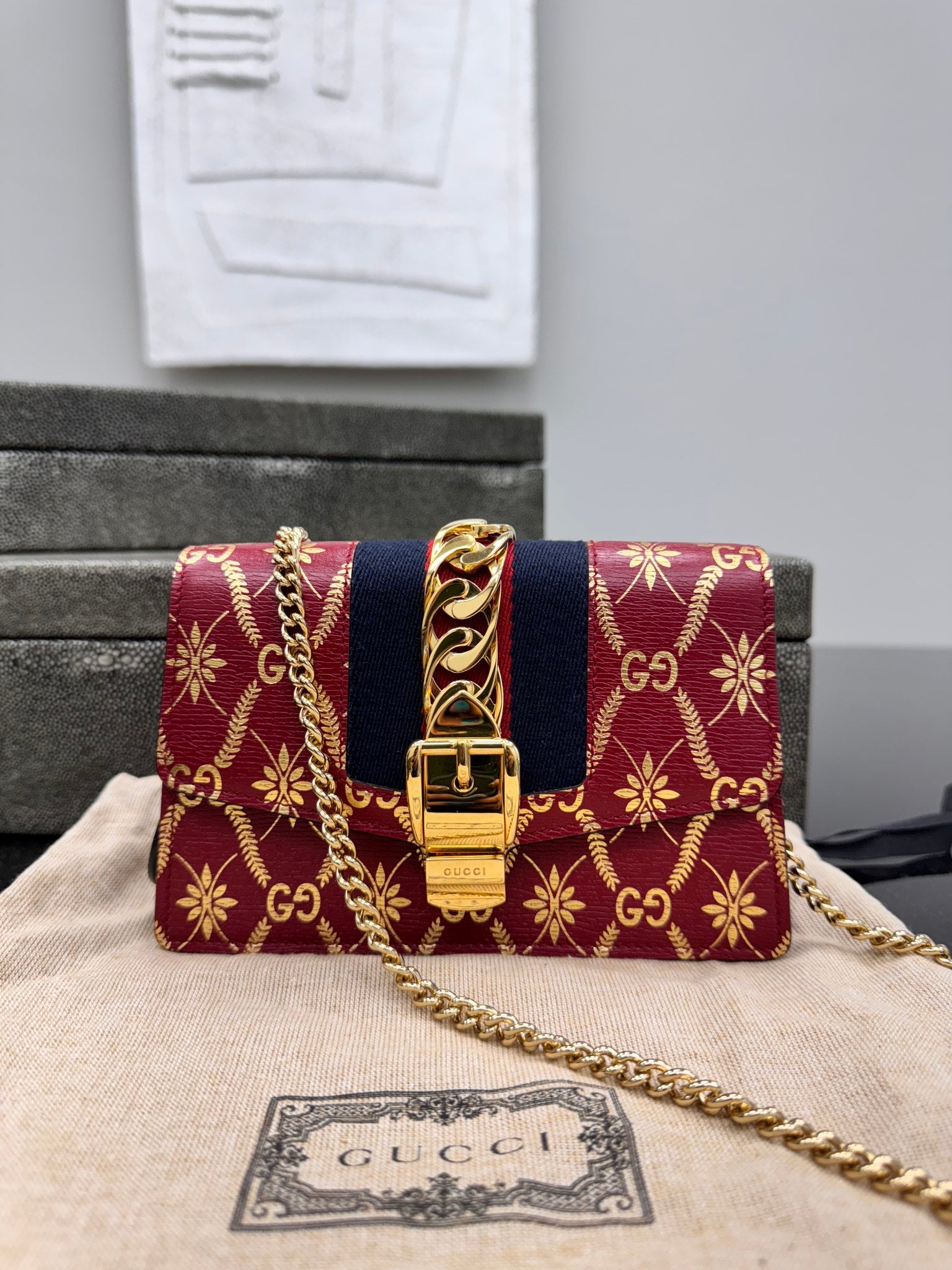 Gucci Red & Gold Printed Leather Web Sylvie Super Mini Crossbody Bag