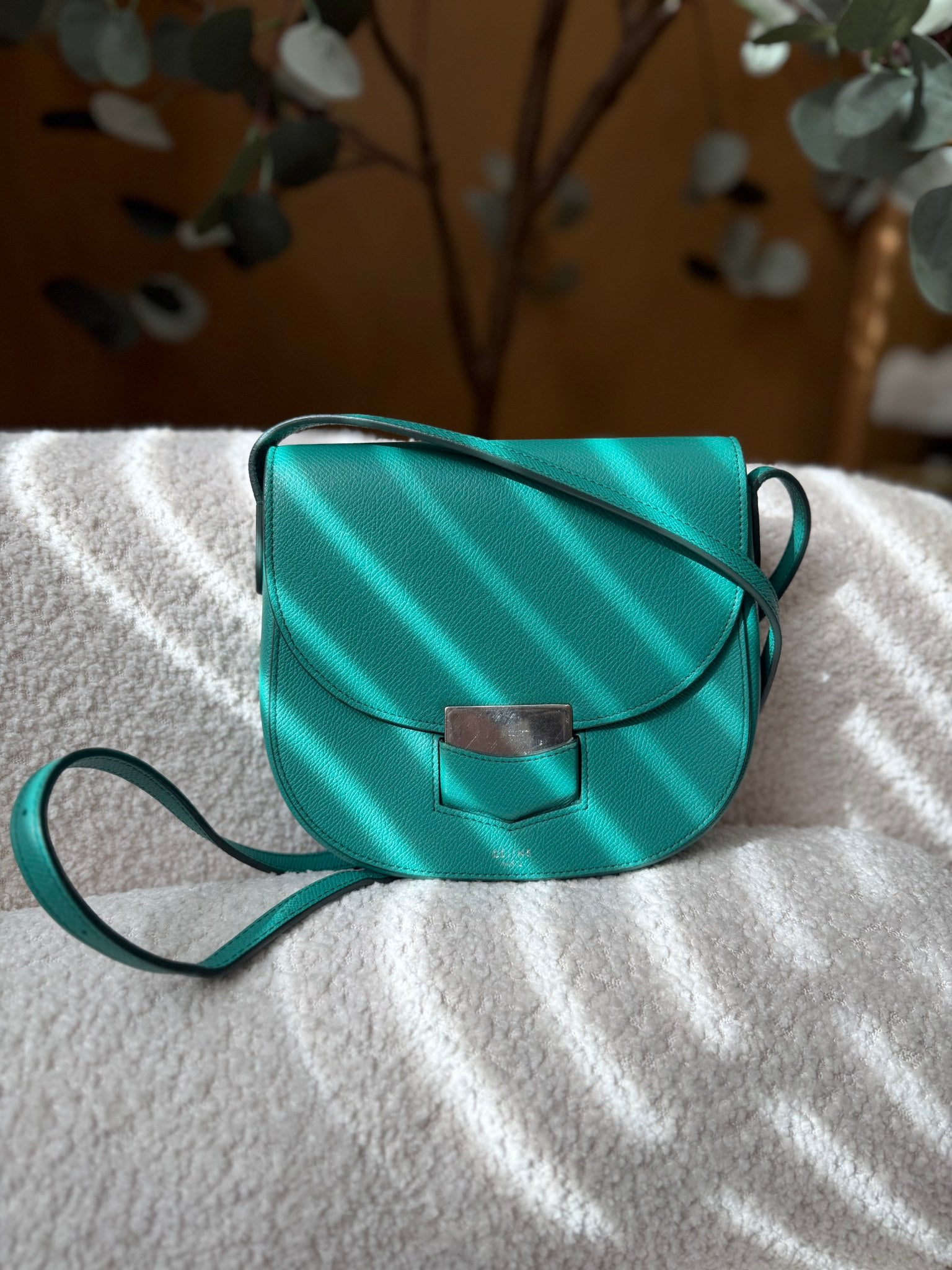 Celine Teal Leather Trotteur Crossbody Bag