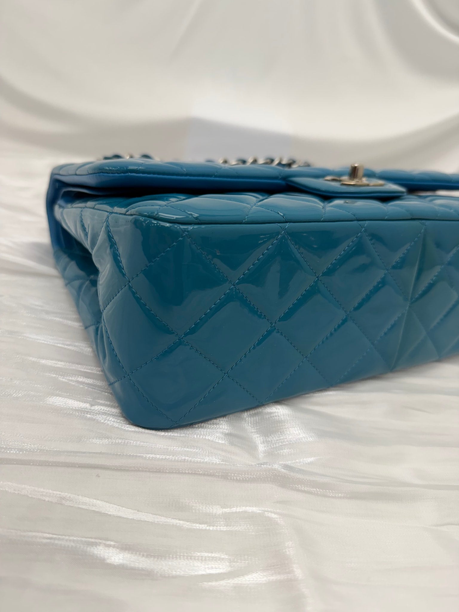 LIKE NEW- Chanel Turquoise Patent Leather Jumbo Double Flap Bag