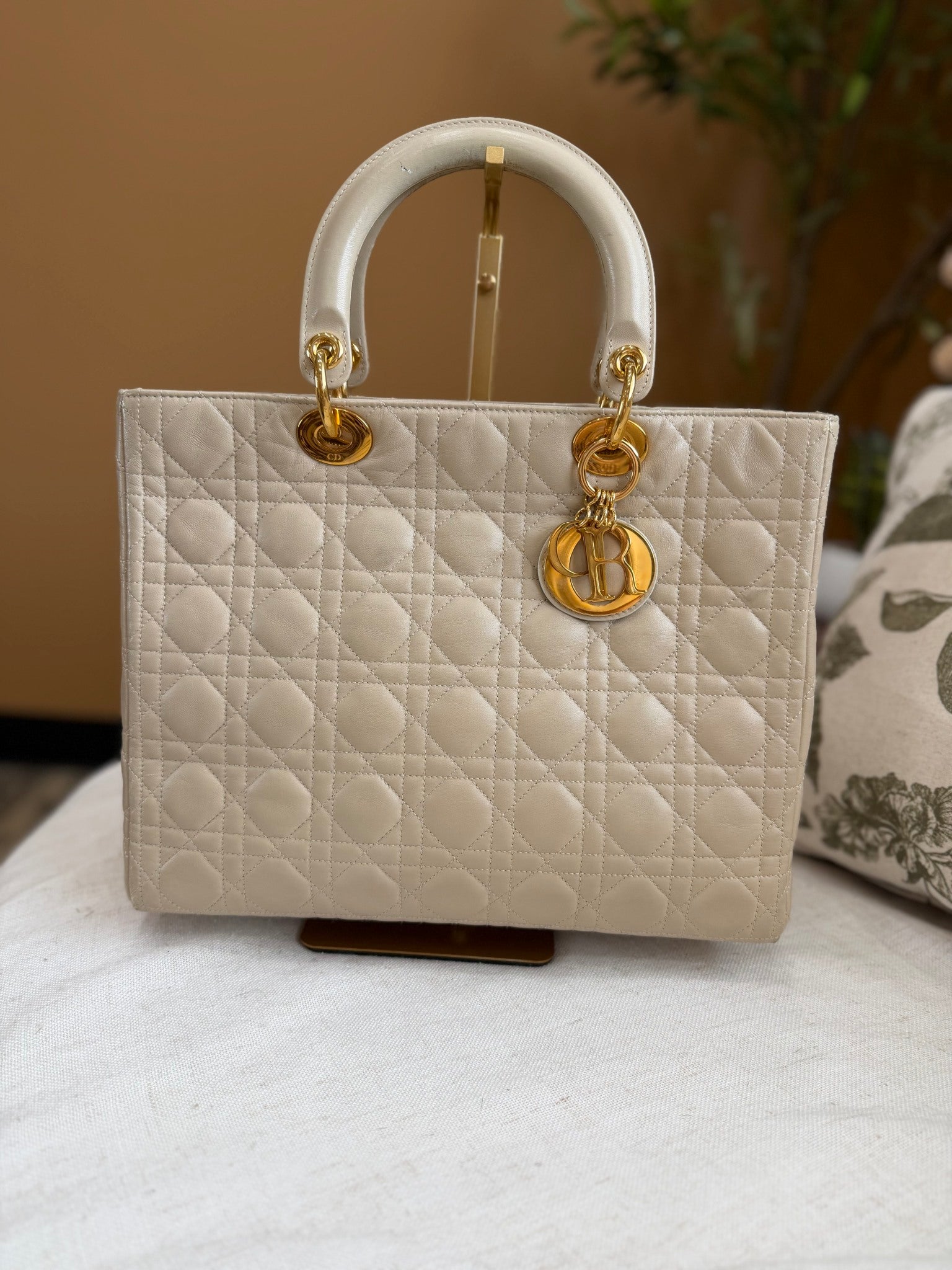 Christian Dior Cream Cannage Leather Large Lady Dior Bag