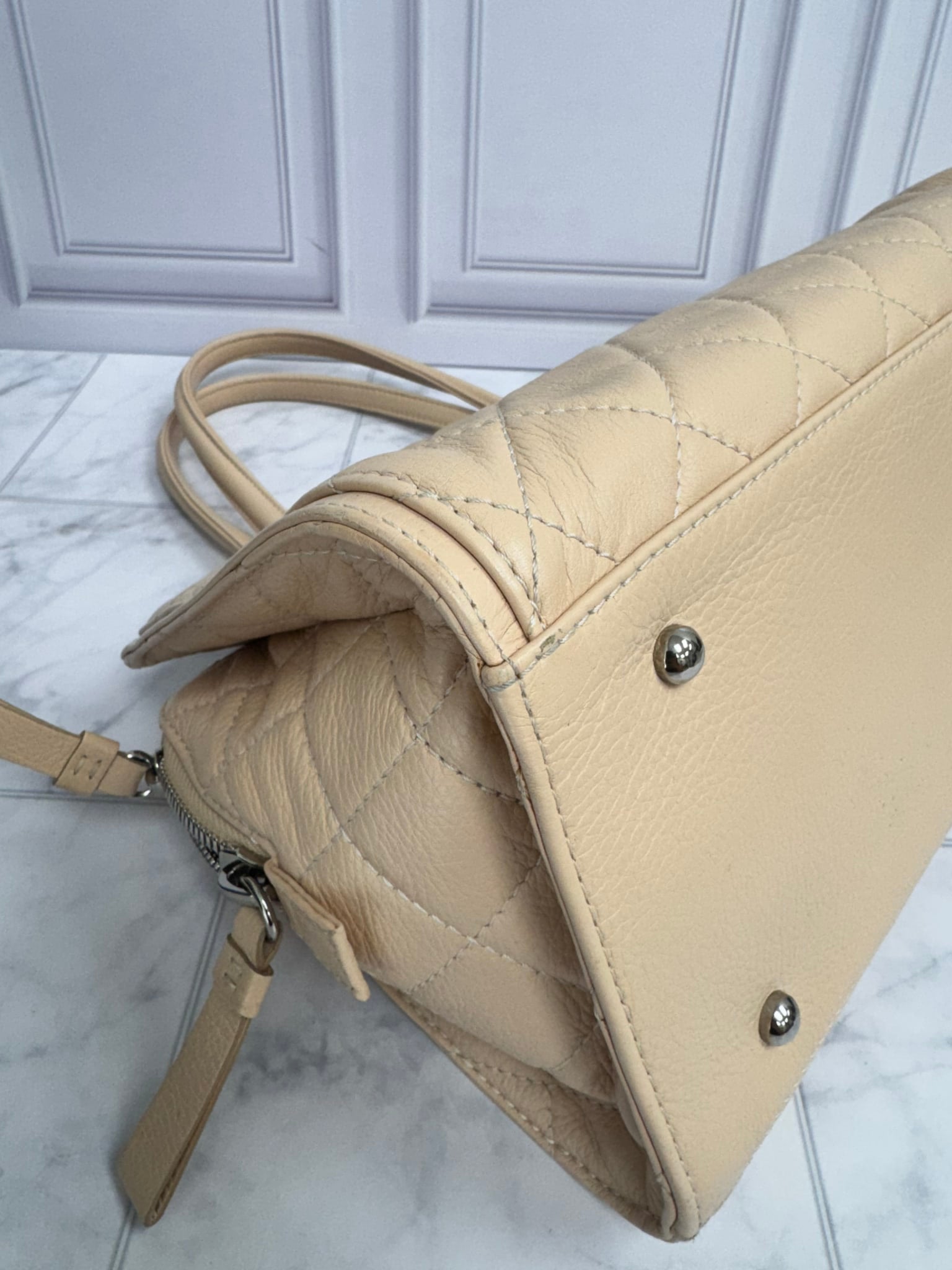 Chanel Beige Vintage Quilted Grained Leather Shoulder Bag