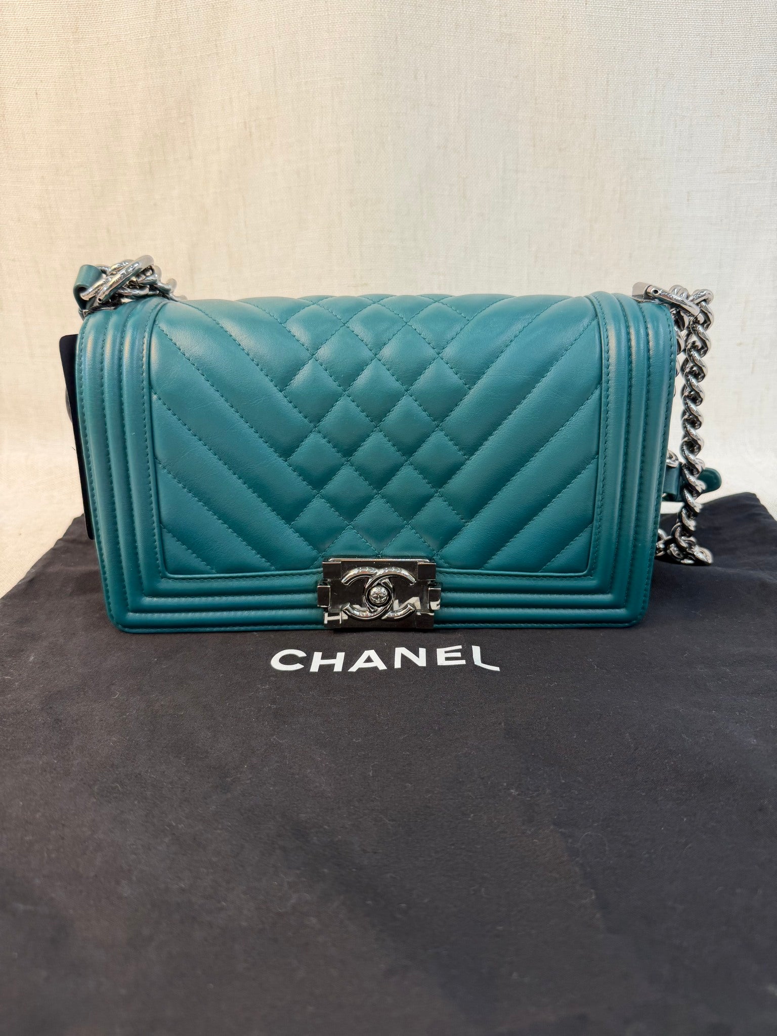 Chanel Dark Teal Calfskin Quilted Medium Boy Bag