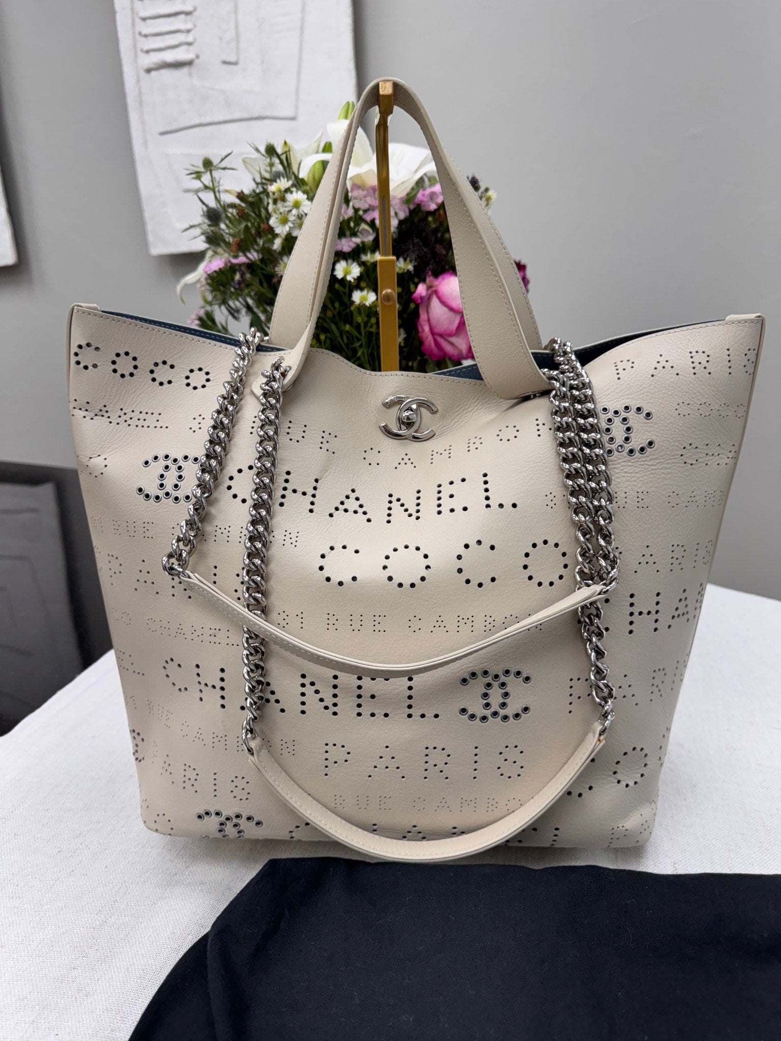 Chanel Beige Logo Eyelet Shopping Large Tote Bag