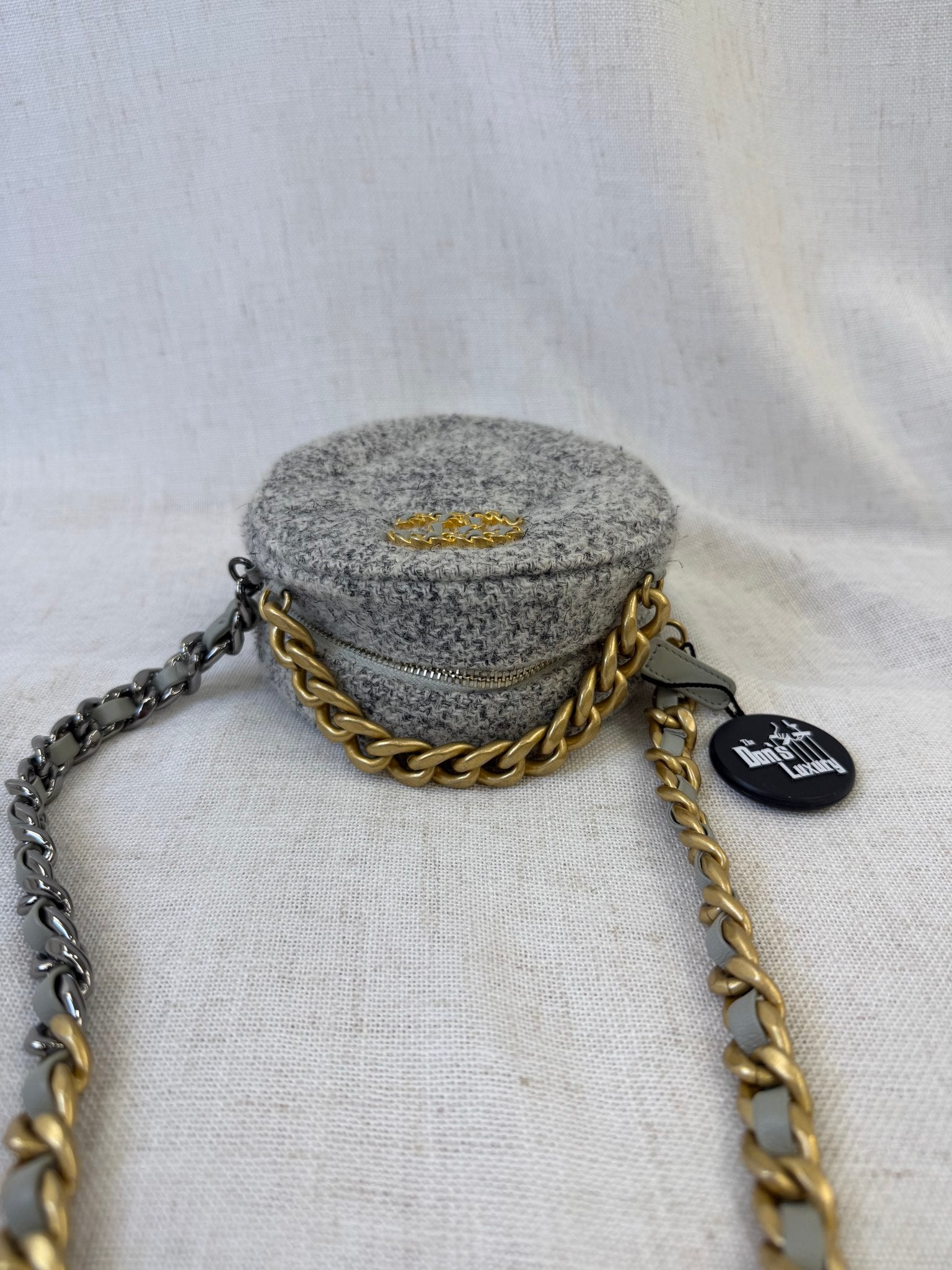 Chanel Gray Tweed 19 Quilted Round Clutch Bag