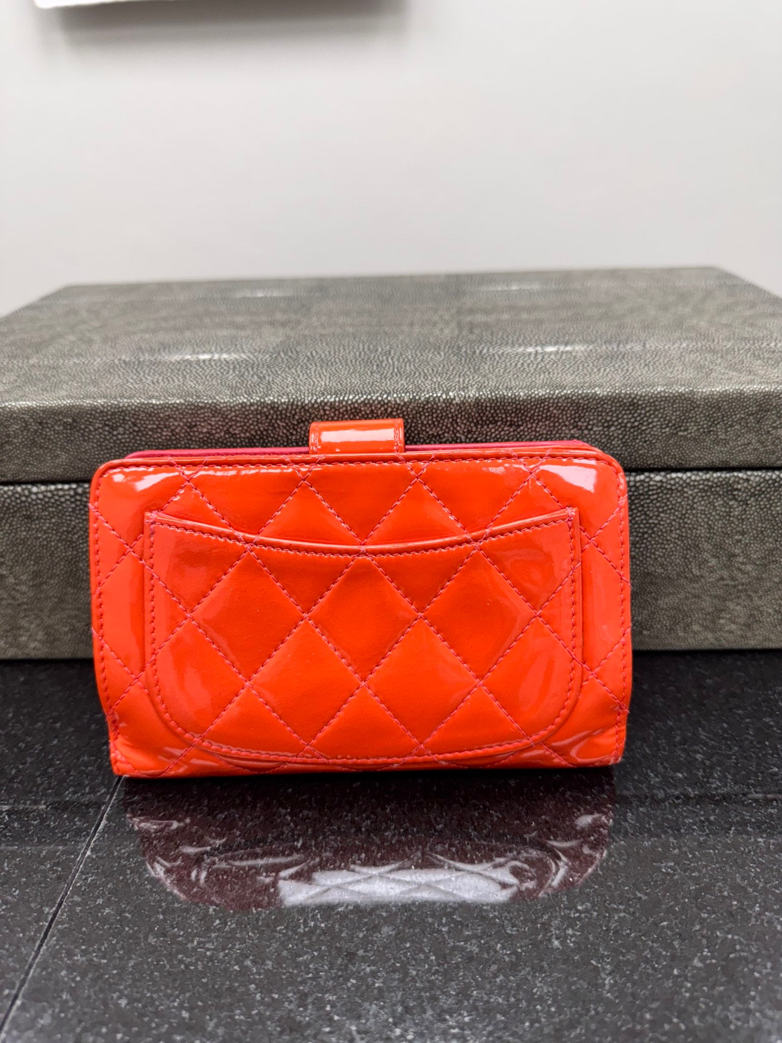 Chanel Orange Quilted Patent Leather Compacted Zippy Wallet