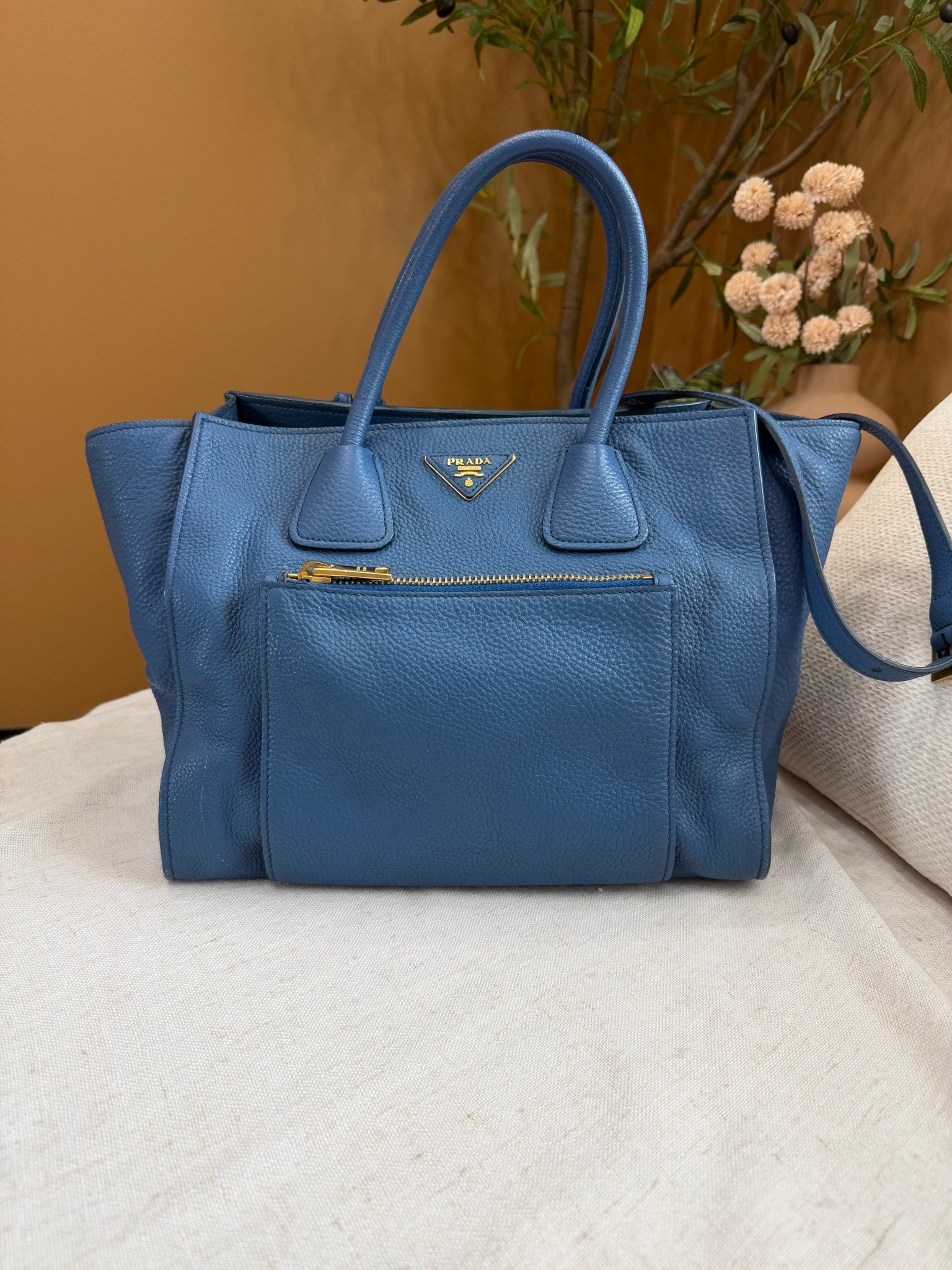 Prada Blue Leather Vitello Daino Two Way Bag