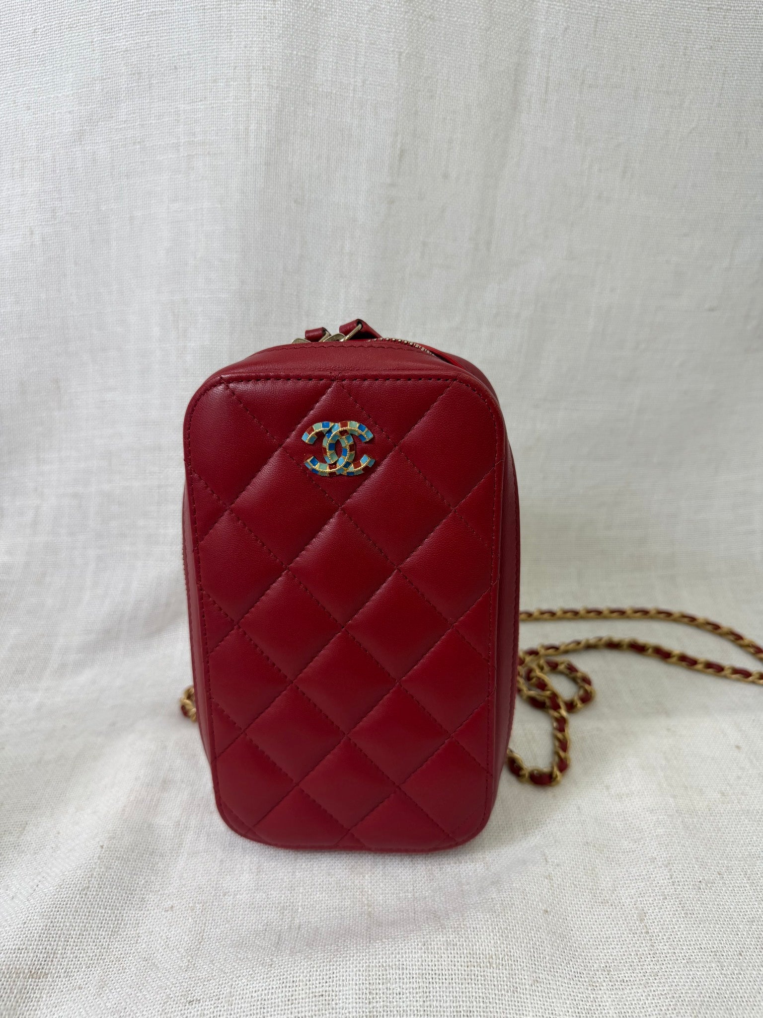 Chanel Red Quilted Lambskin Leather Chain Phone Holder