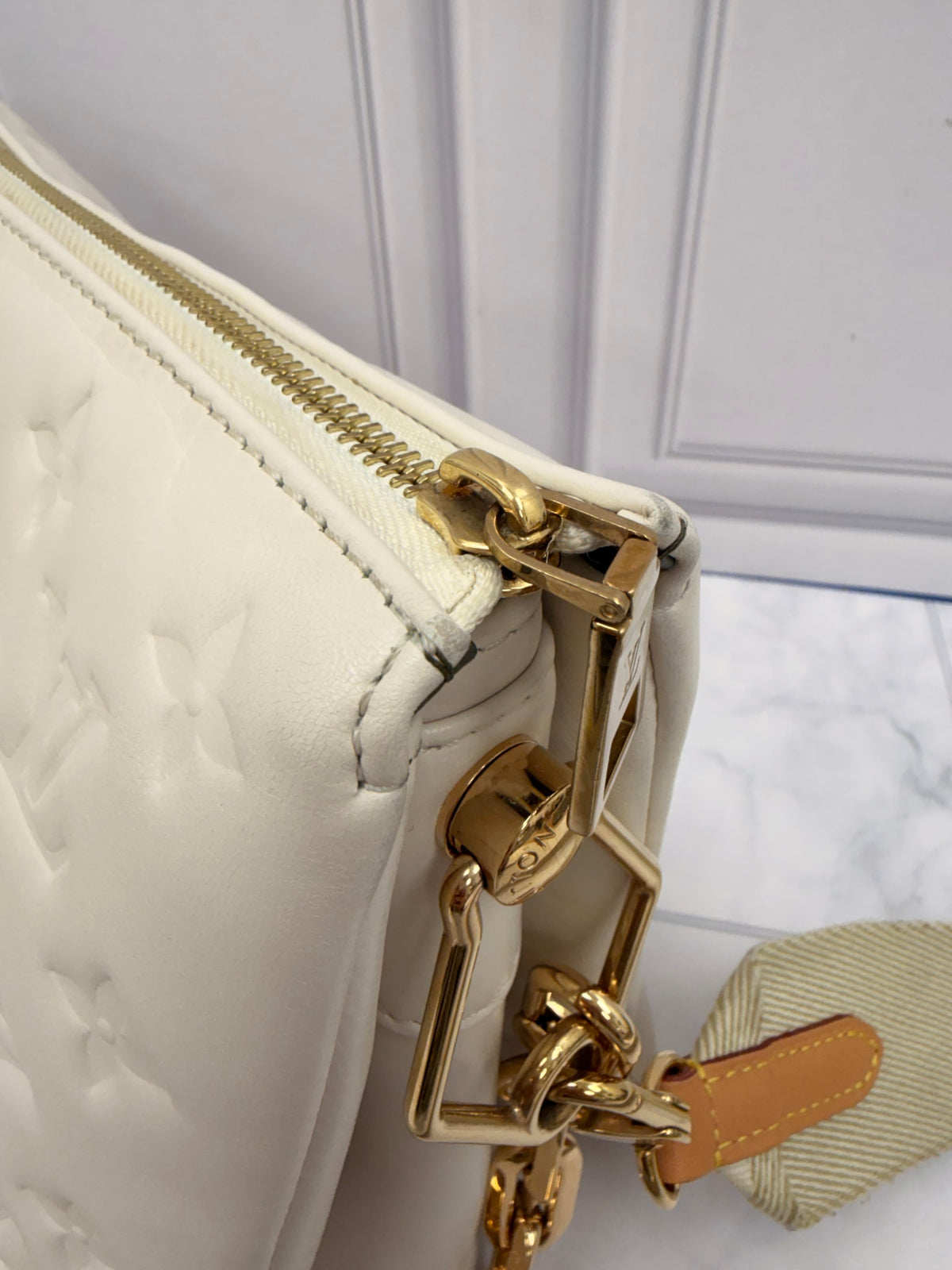 Louis Vuitton White Monogram Embossed Lambskin Coussin PM Handbag