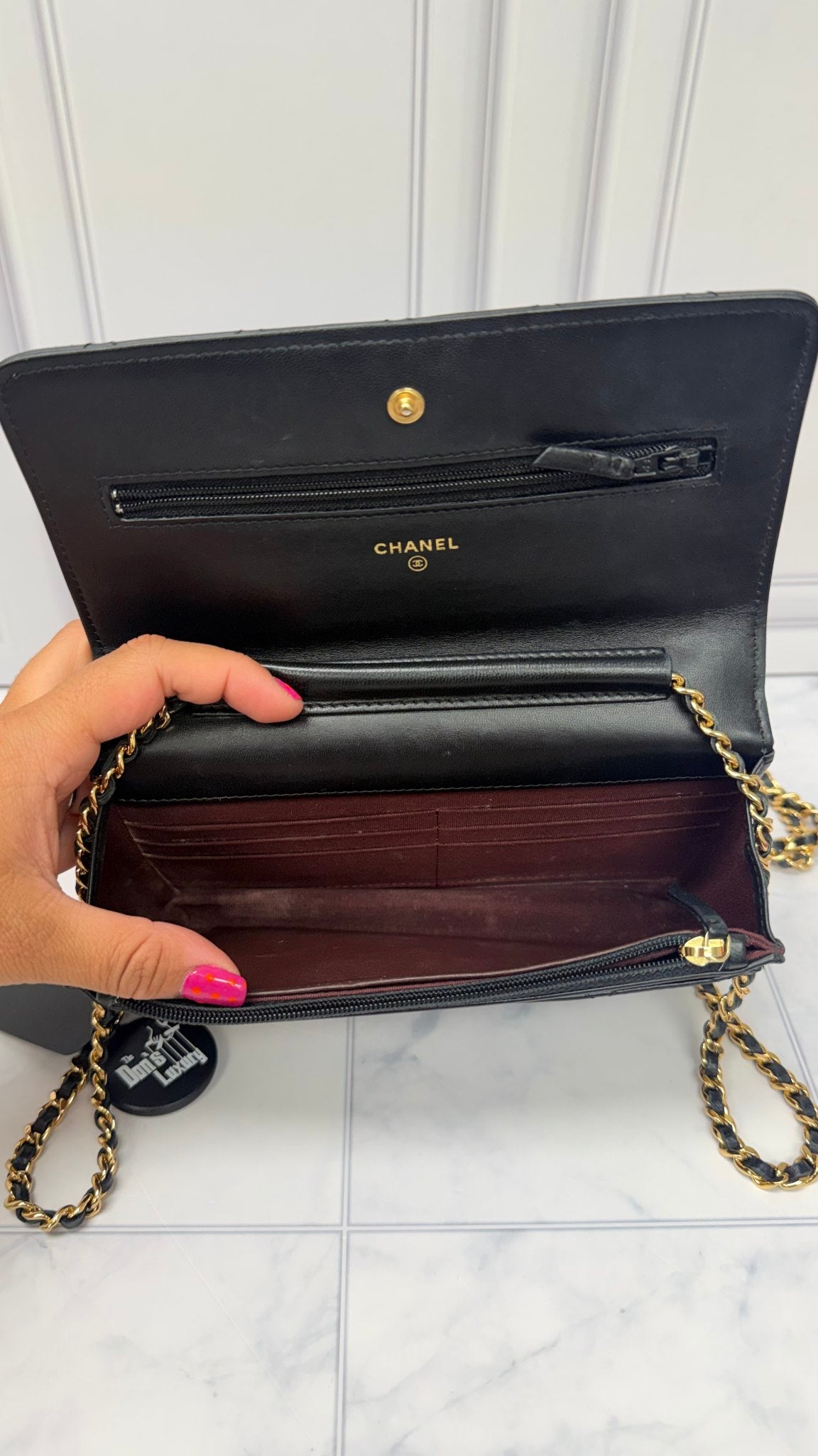 Chanel Black Lambskin Leather Wallet On A Chain