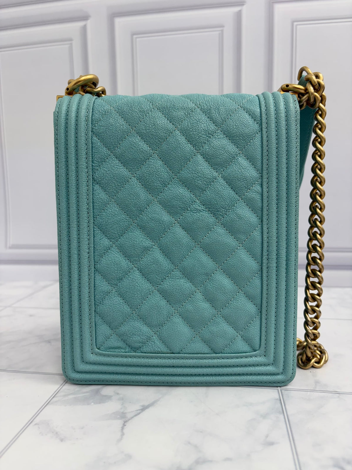 Chanel Light Blue Quilted Caviar Leather North South Boy Bag