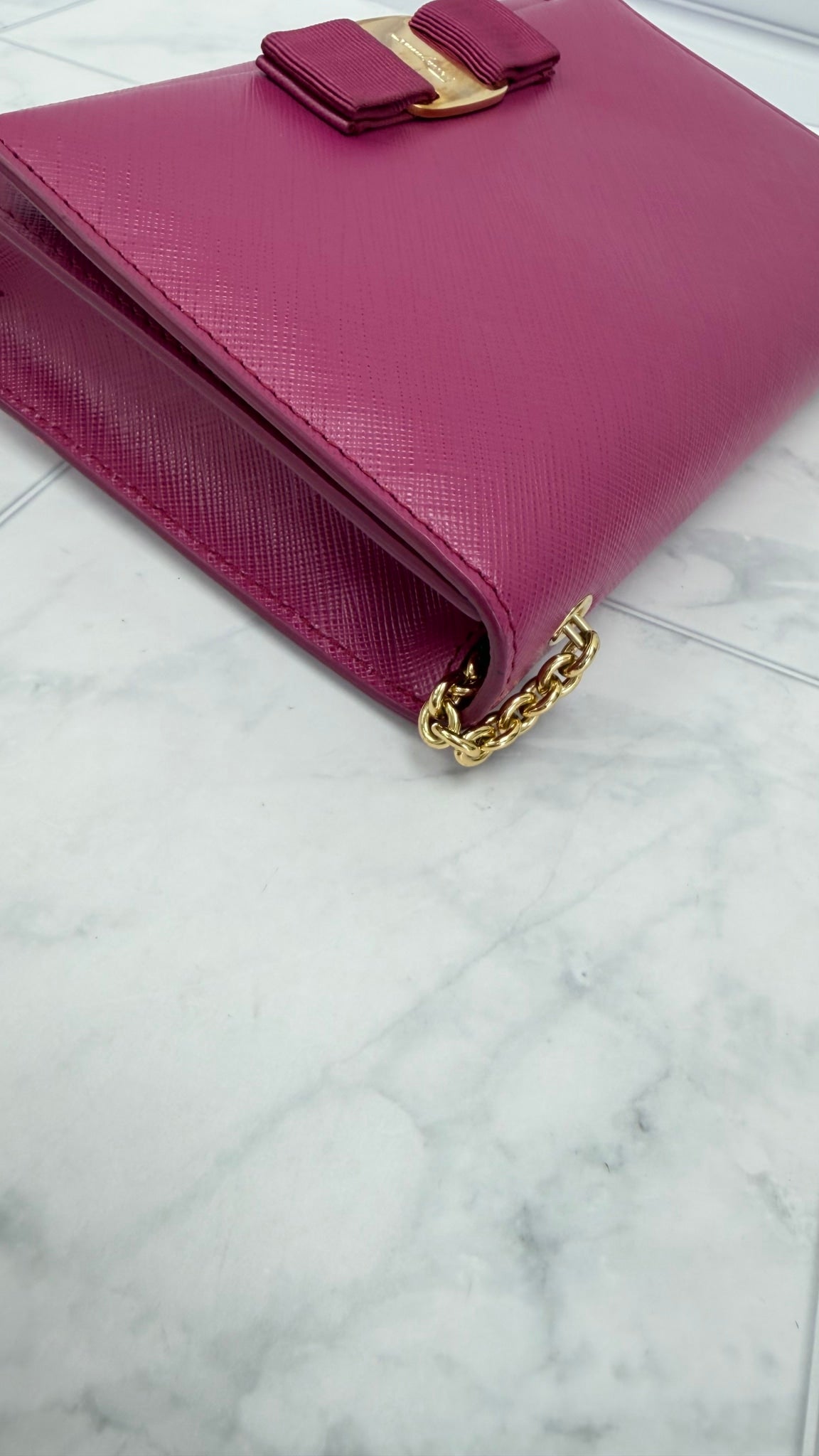 Salvatore Ferragamo Magenta Leather Bow Ginny Chain Bag