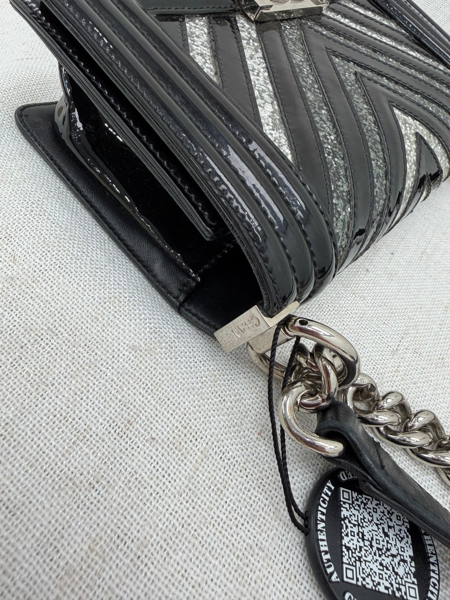 Chanel Black Patent Leather & Silver Glitter PVC Chevron Small Boy Bag