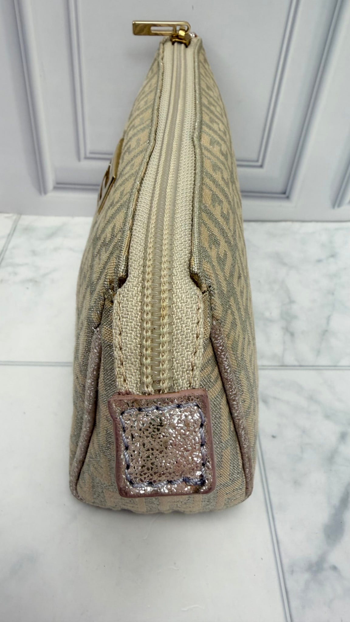 Fendi Metallic Silver & Dusty Pink Zucca Canvas Pouch