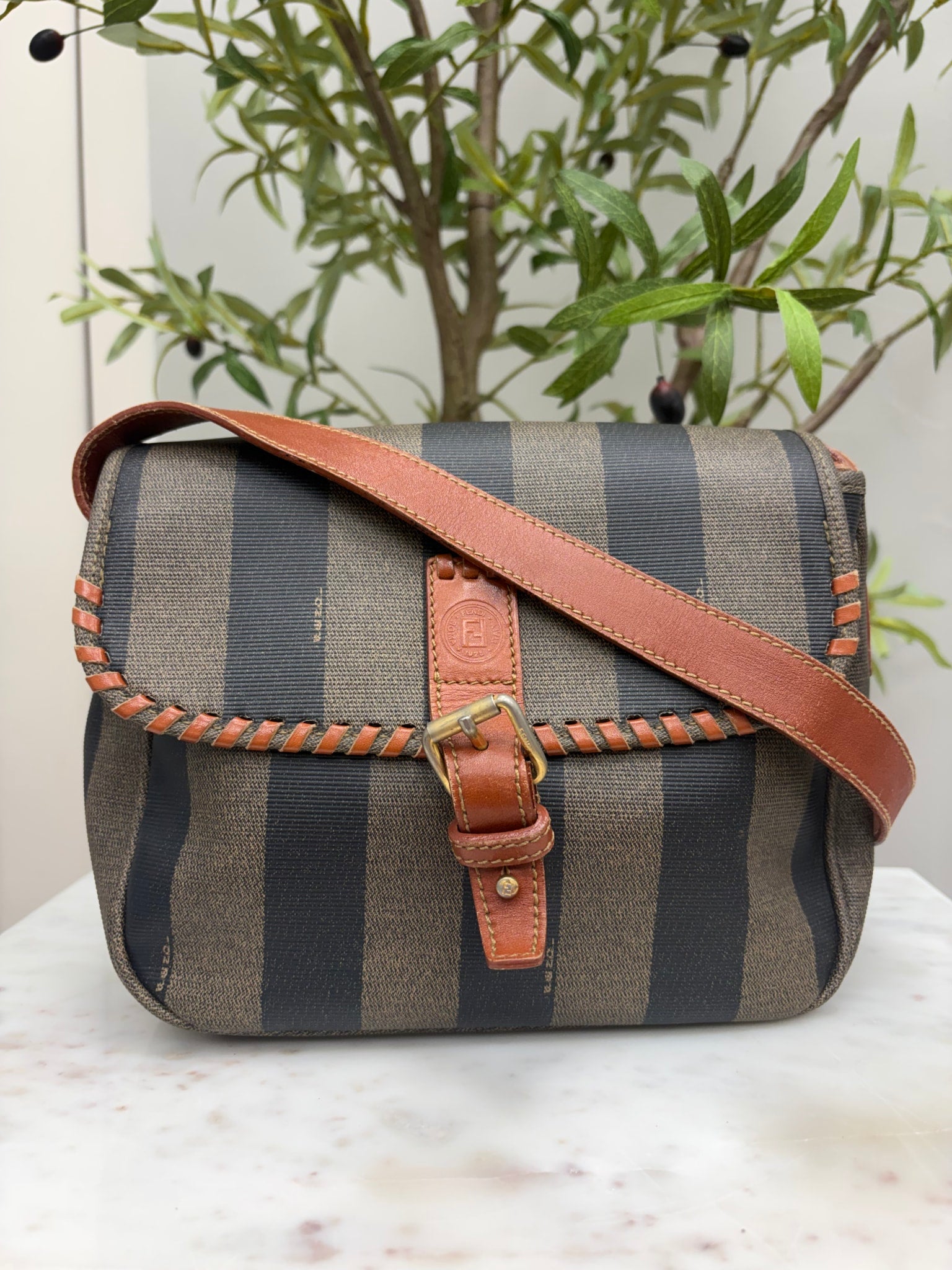 Fendi Brown & Black Leather Pequin Crossbody