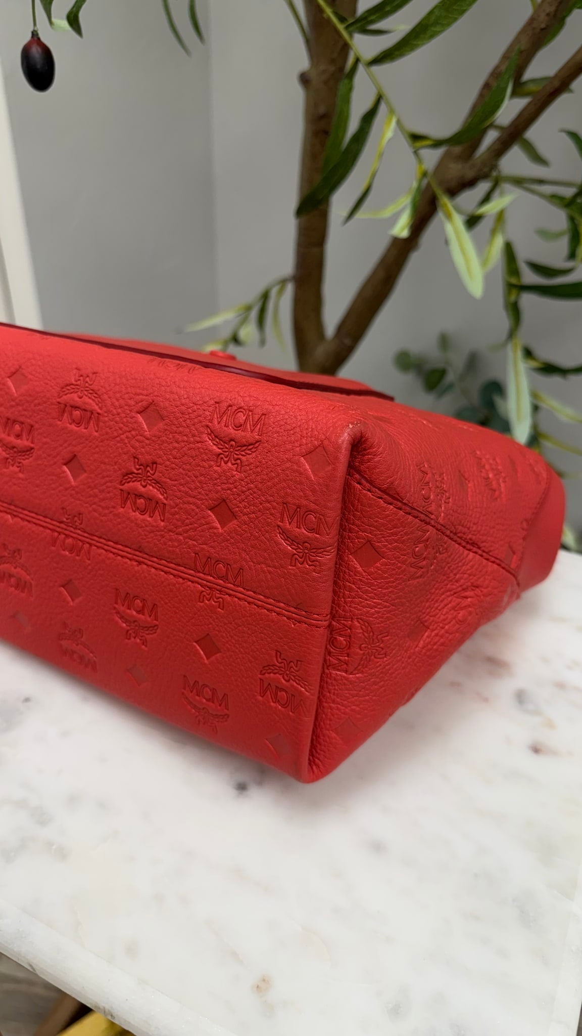 MCM Red Visetos Embossed Leather Klara Hobo Bag