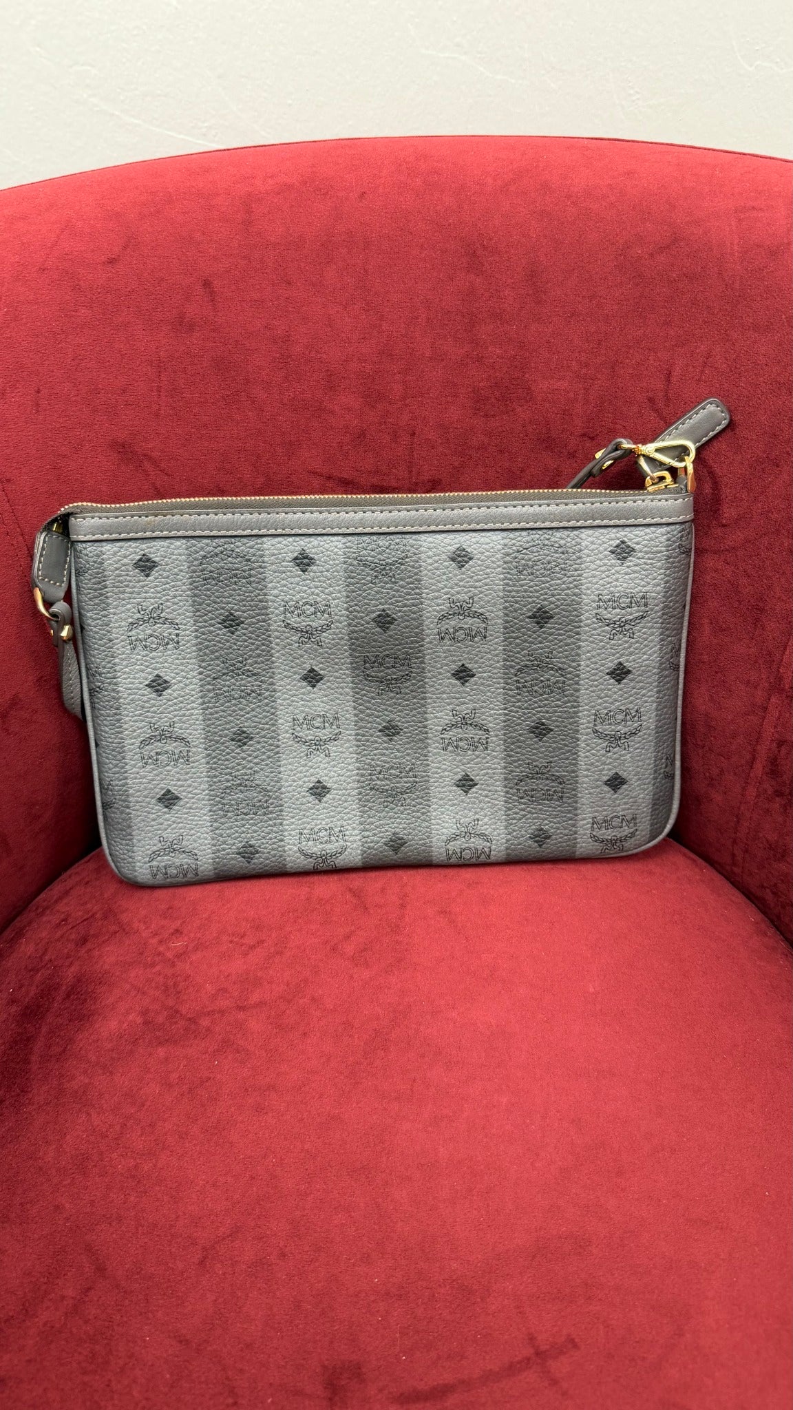 MCM Gray Visetos Striped Leather Large Liz Pouch