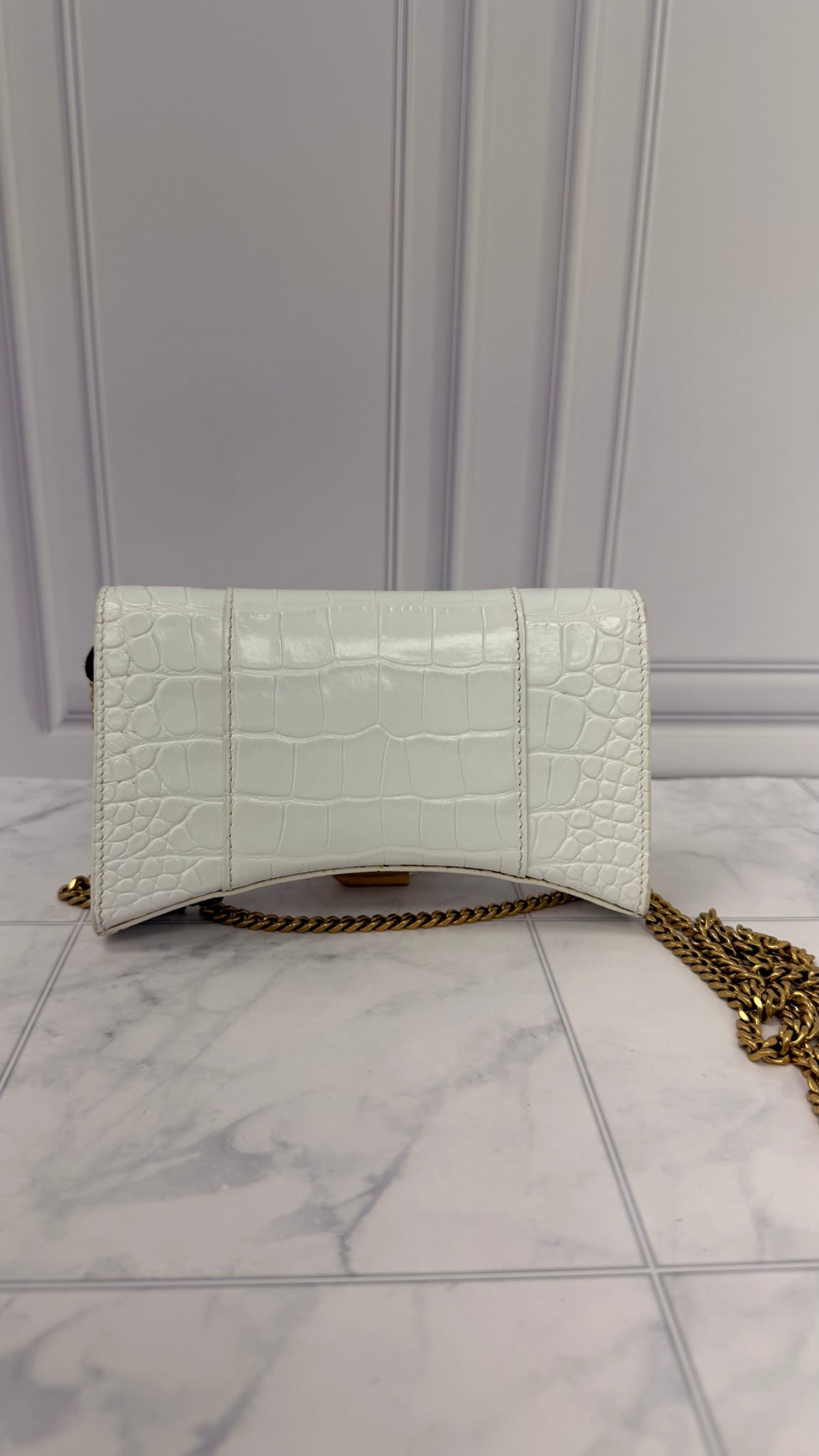 Balenciaga White Croc Embossed Leather Wallet On a chain