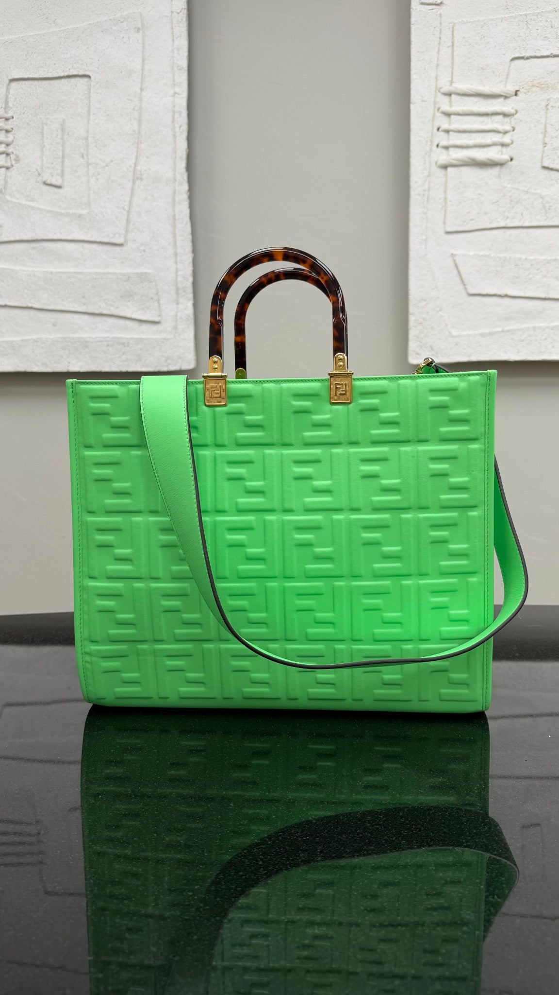 Fendi Green Embossed Leather Medium Sunshine Shopper Tote