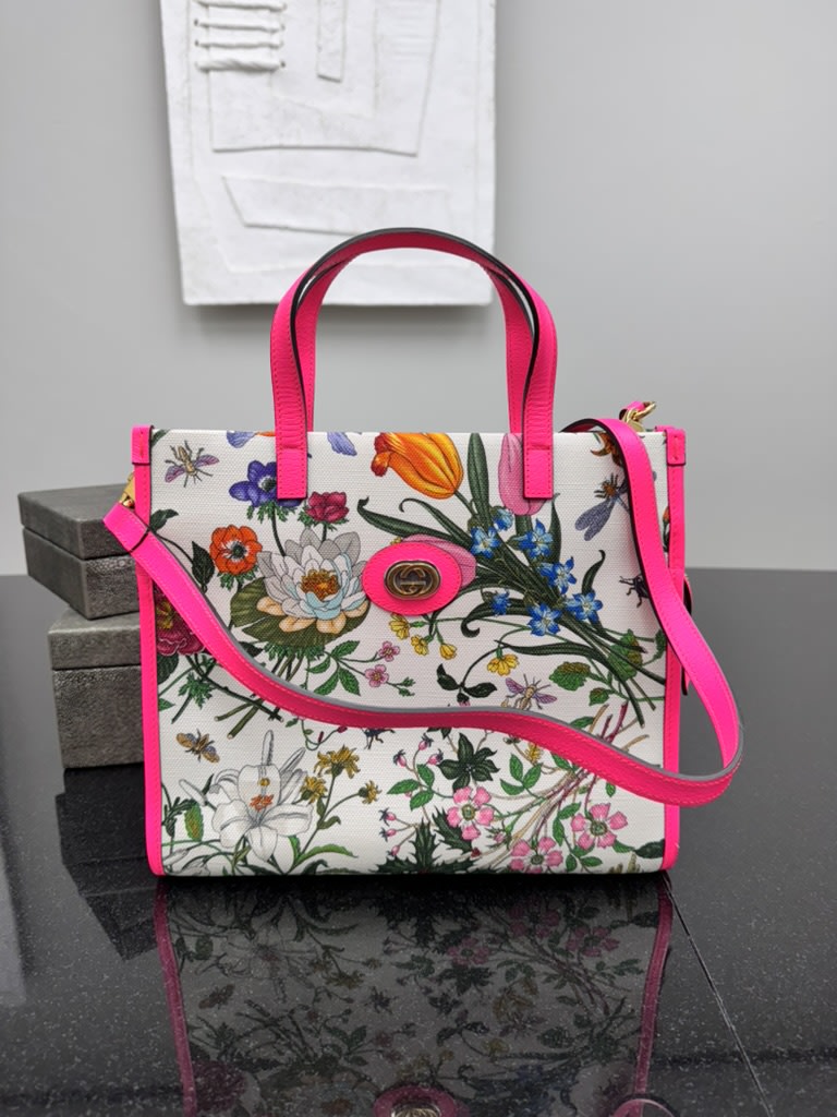 Gucci White & Hot Pink Floral Print Canvas Medium 2Way Tote Bag