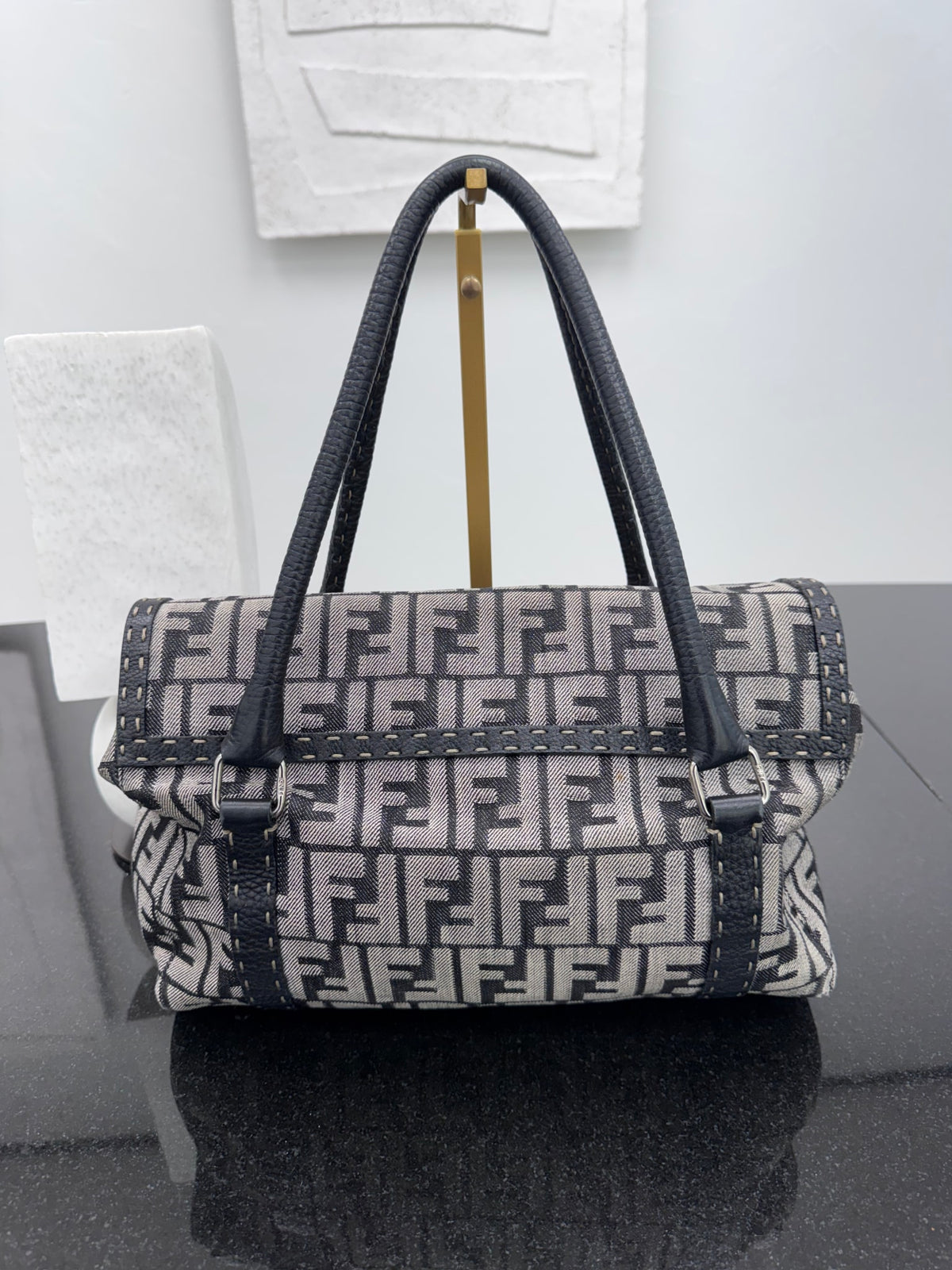 Fendi Black Zucca Canvas Selleria Linda Shoulder Bag