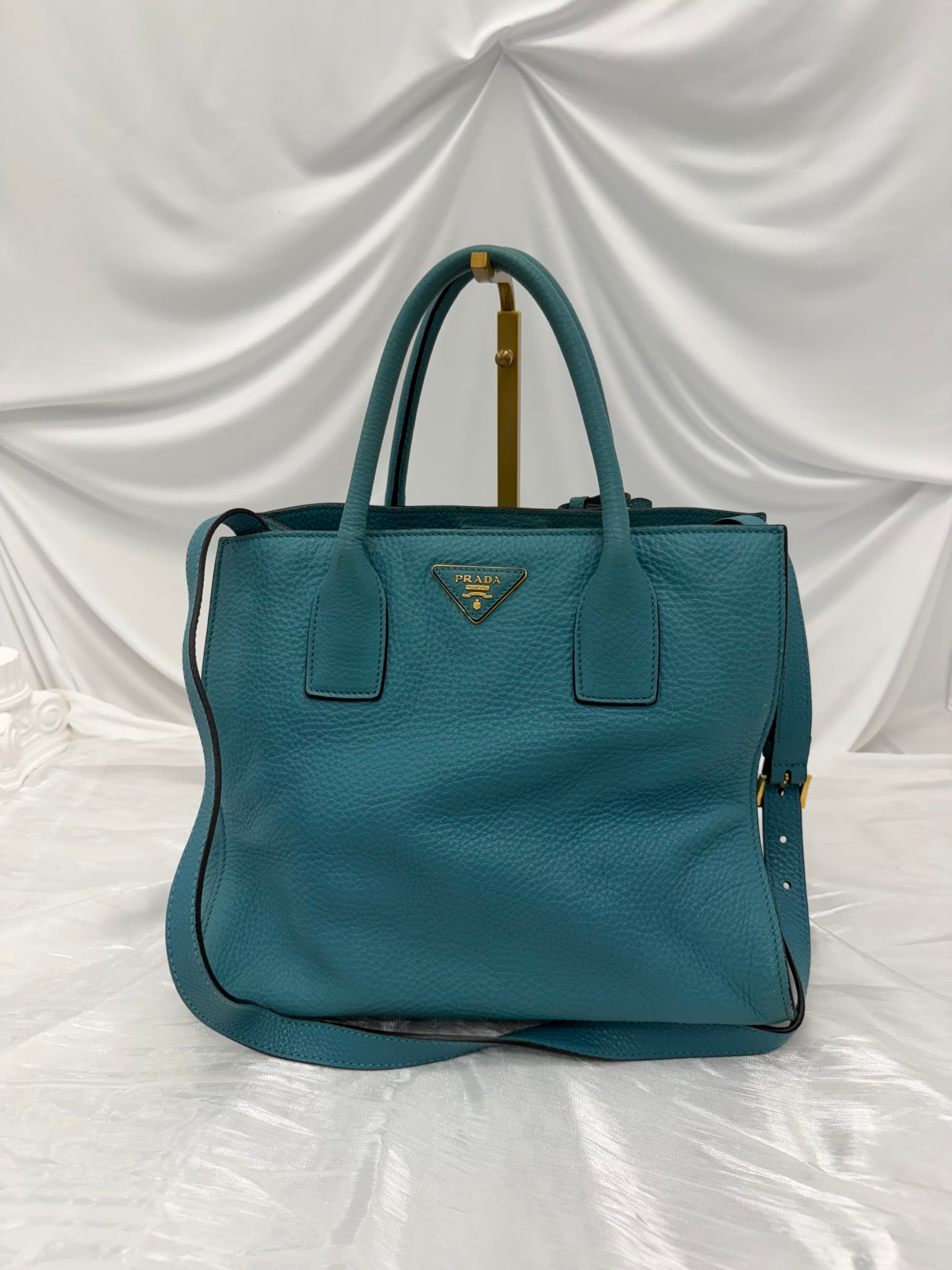 Prada Teal Pebbled Leather Daino 2Way Tote