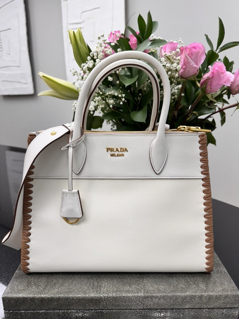 Prada White Saffiano Leather And Whipstitch Trim Paradigme Medium Tote Bag