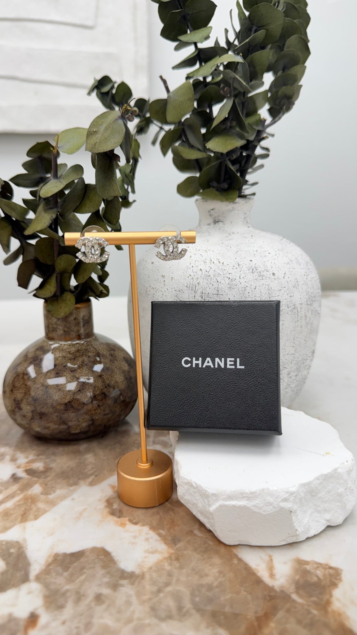 Chanel Silver Tone Crystal CC Stud Earrings