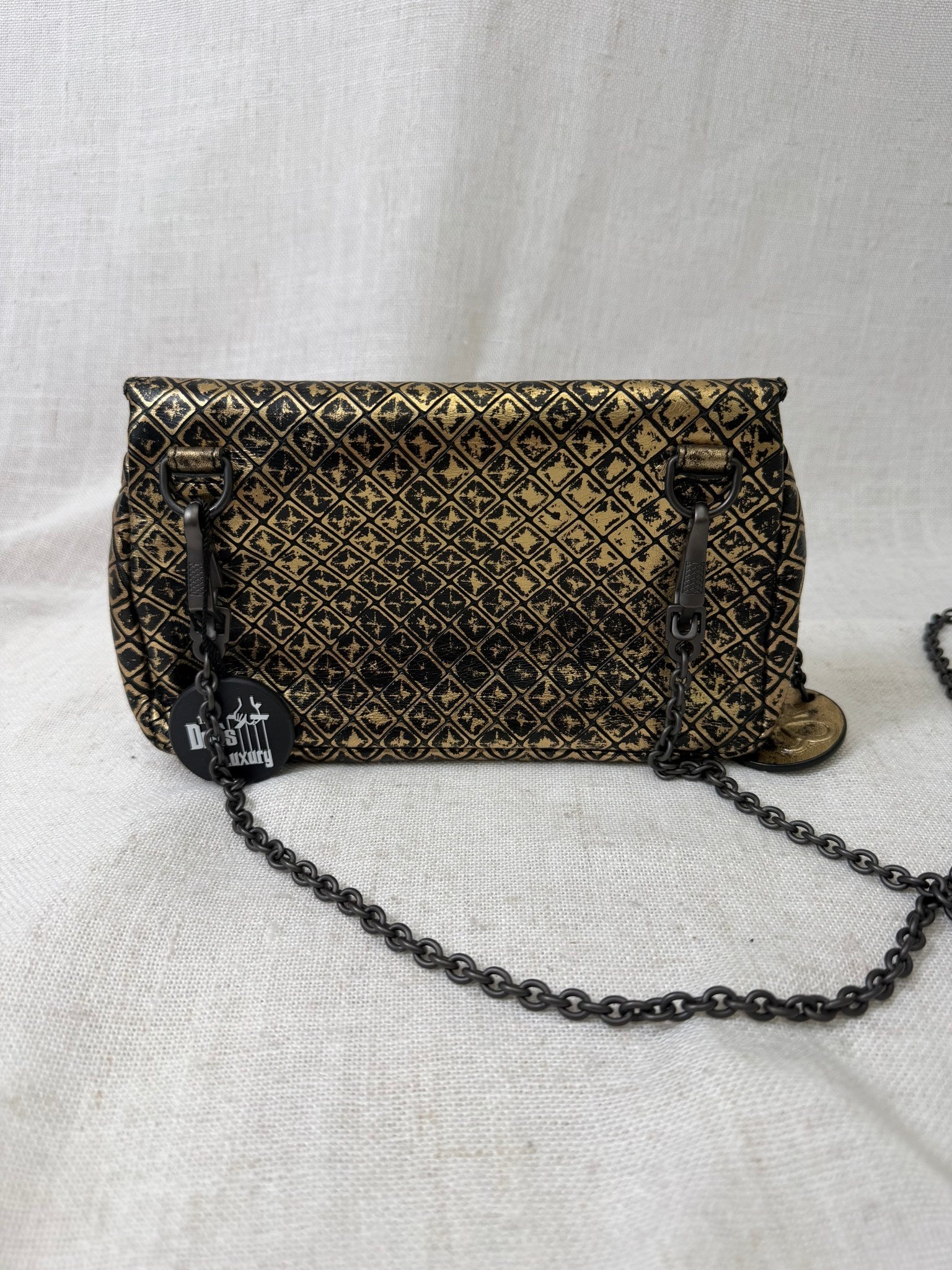 Bottega Veneta Black And Gold Leather Chain Shoulder Bag
