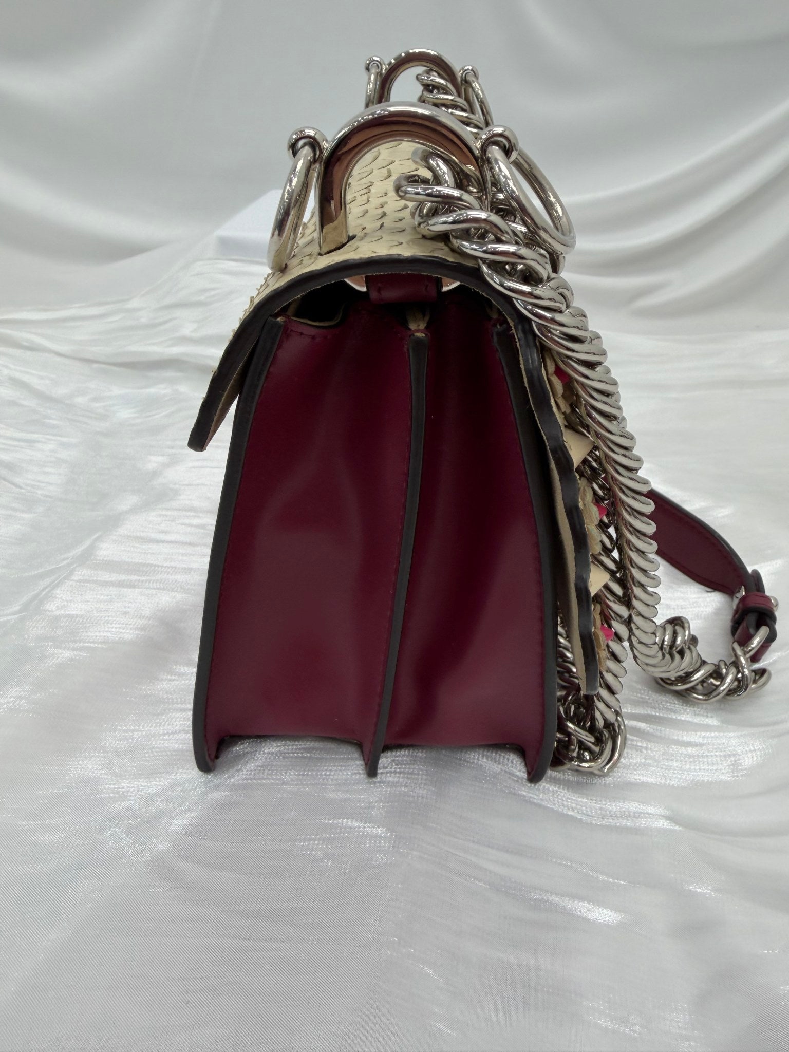 Fendi Ivory Python & Burgundy Leather Small Kan Shoulder Bag
