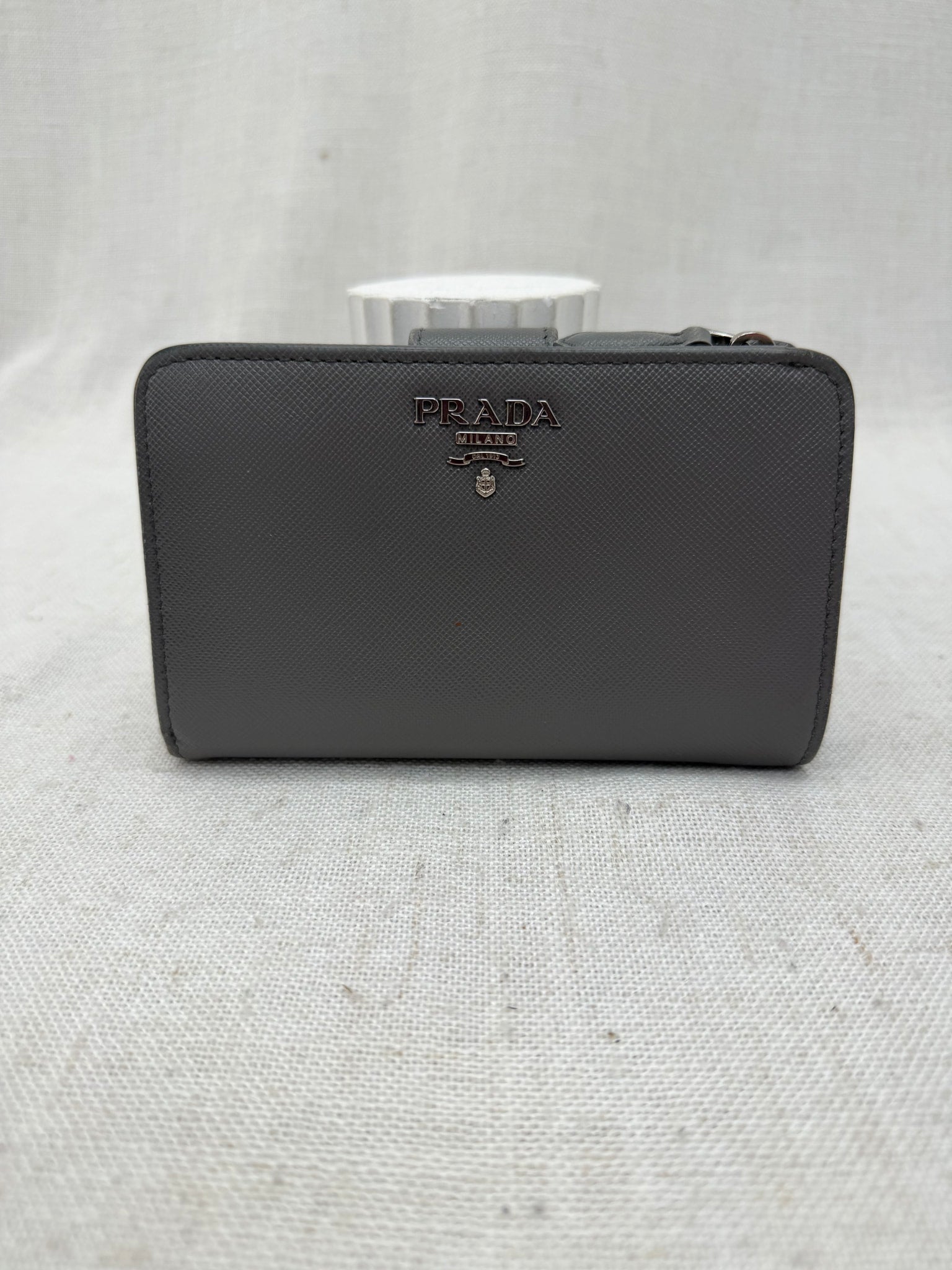 Prada Gray Saffiano Leather Compact Wallet