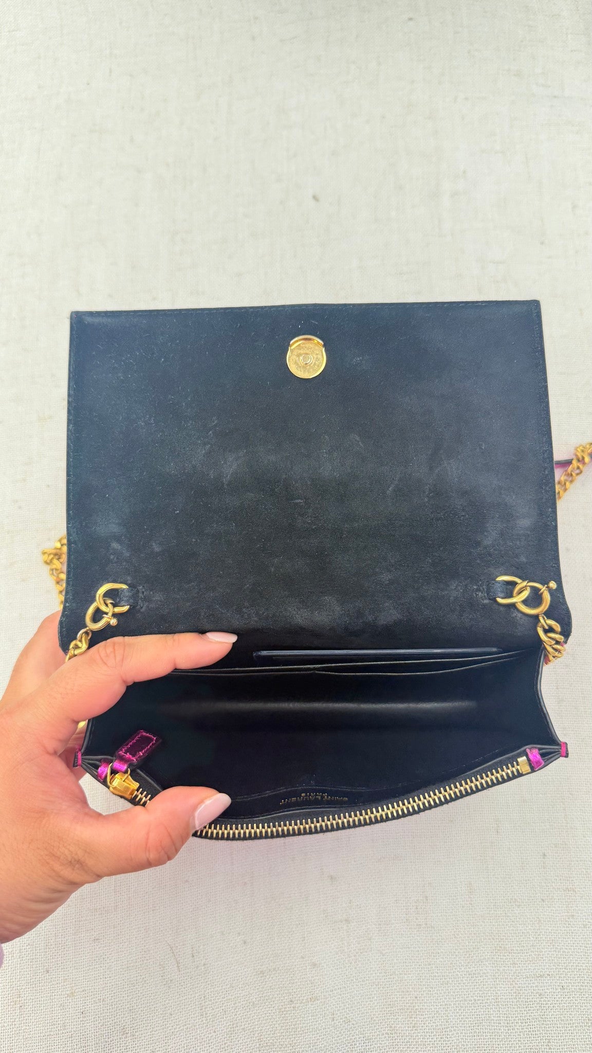 Saint Laurent YSL Fuchsia Metallic Leather Kate Wallet On A Chain